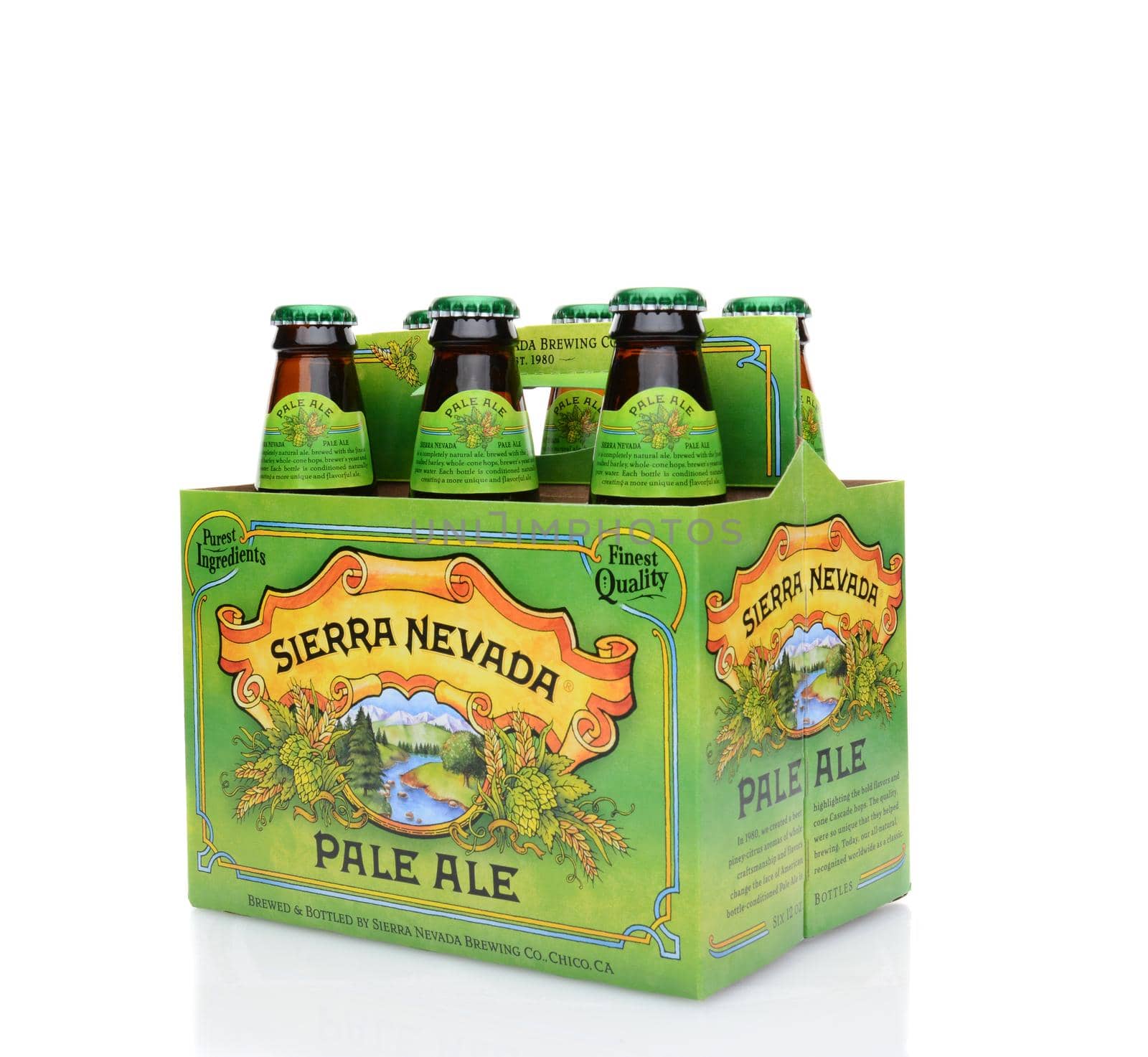 IRVINE, CA - MAY 25, 2014: A 3/4 view of a 6 pack of Sierra Nevada Pale Ale. Sierra Nevada Brewing Co. was established in 1980 by homebrewers in Chico, California,
