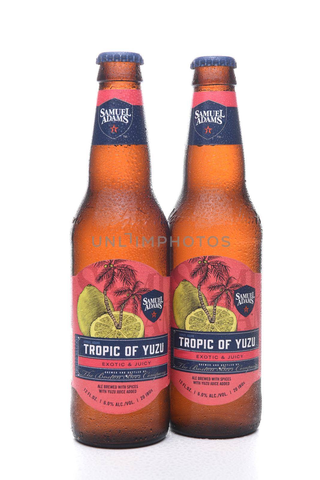 IRVINE, CA - JULY 16, 2017: Samuel Adams Tropic of Yuzu two bottles. From the Boston Beer Company. Based on sales in 2016, it is the second largest craft brewery in the U.S.