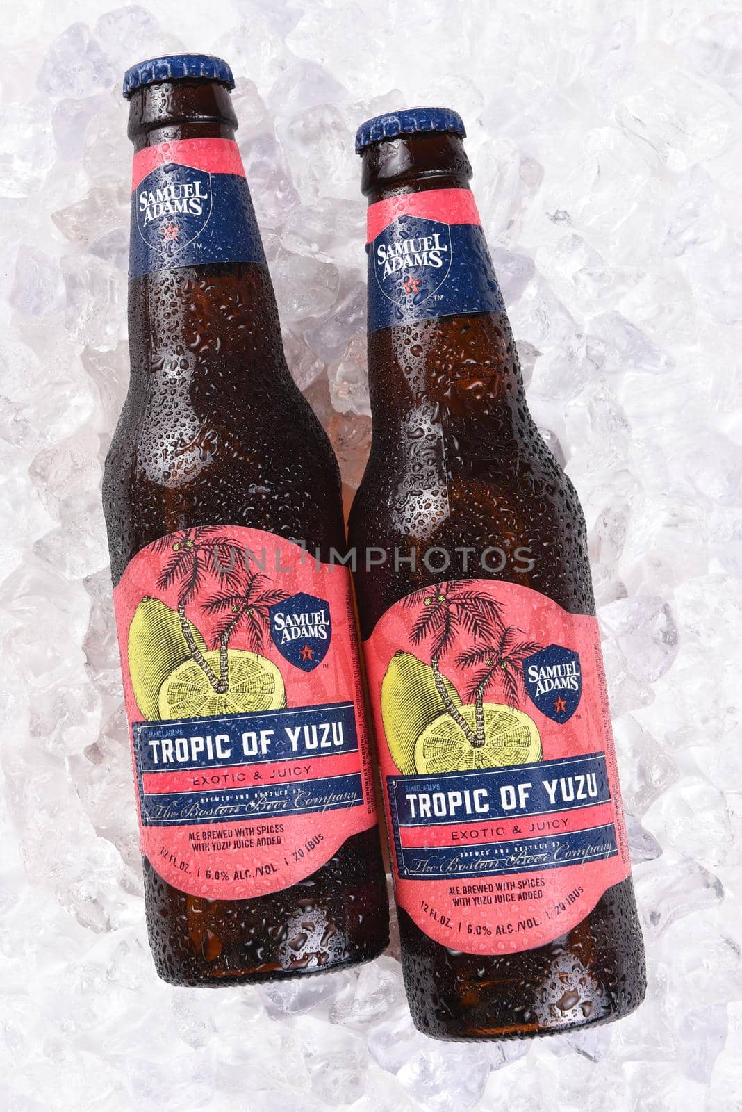 IRVINE, CA - JULY 16, 2017: Samuel Adams Tropic of Yuzu on ice. From the Boston Beer Company. Based on sales in 2016, it is the second largest craft brewery in the U.S.