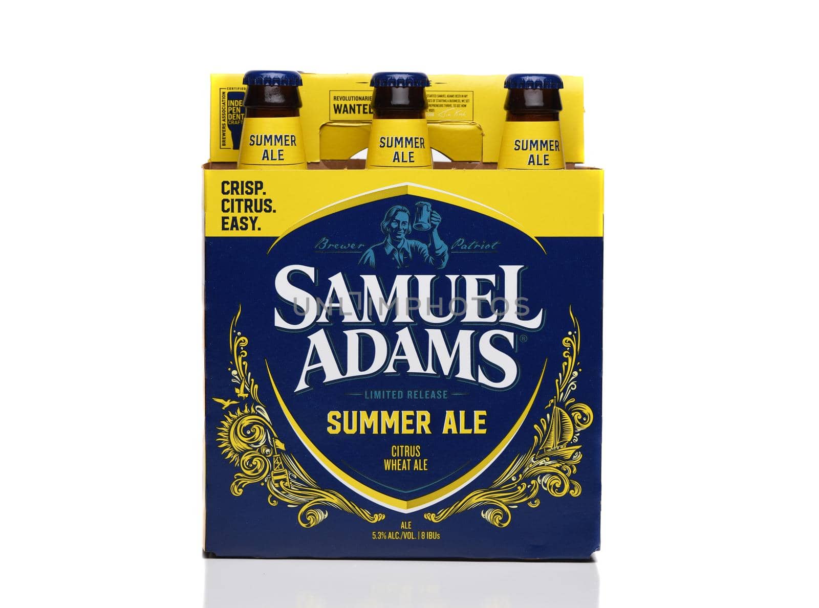 IRVINE, CALIFORNIA - 09 AUG 2020: A Six Pack of Samuel Adams Summer Ale, side view.