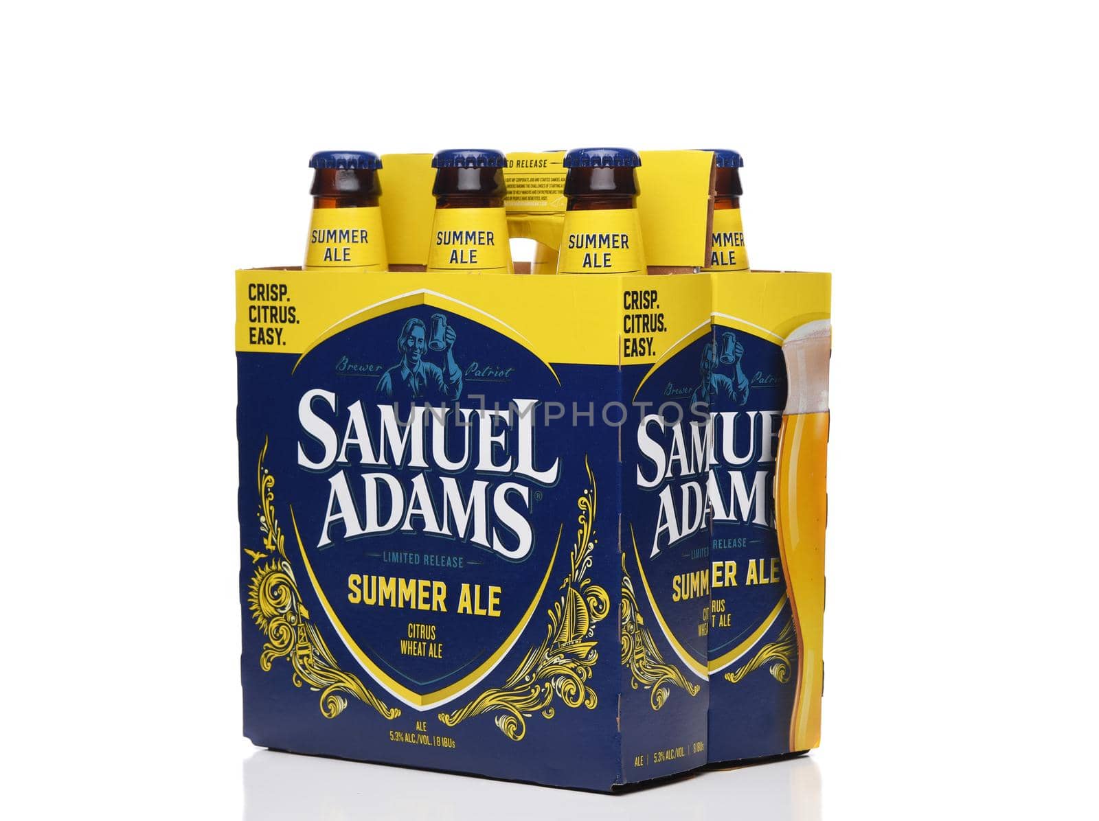 IRVINE, CALIFORNIA - 09 AUG 2020: A Six Pack of Samuel Adams Summer Ale, three quarters  view.