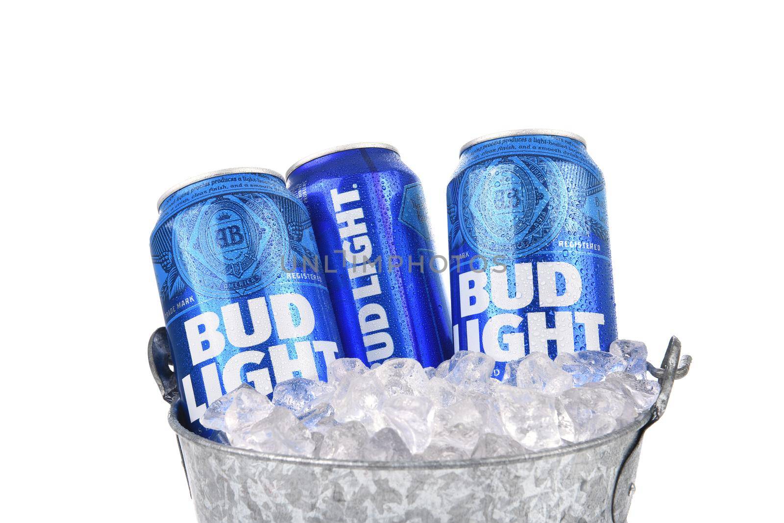 IRVINE, CALIFORNIA - AUGUST 25, 2016: Bud Light Cans in ice bucket. Bud Light is one of the top selling domestic beers in the United States.
