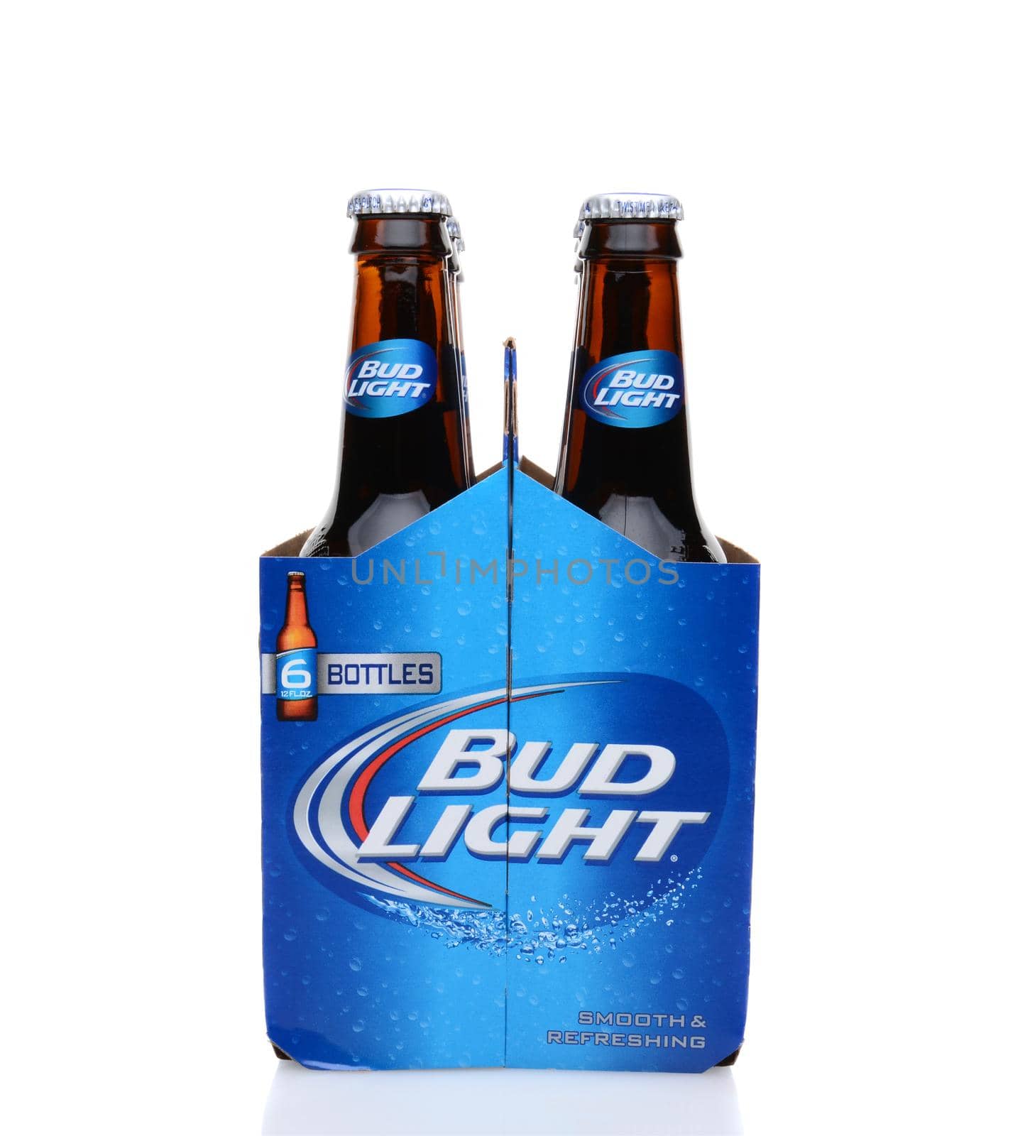 IRVINE, CA - MAY 25, 2014: A 6 pack of Bud Light beer, end view. From Anheuser-Busch InBev, Bud Light is the number selling one domestic beer in the United States.