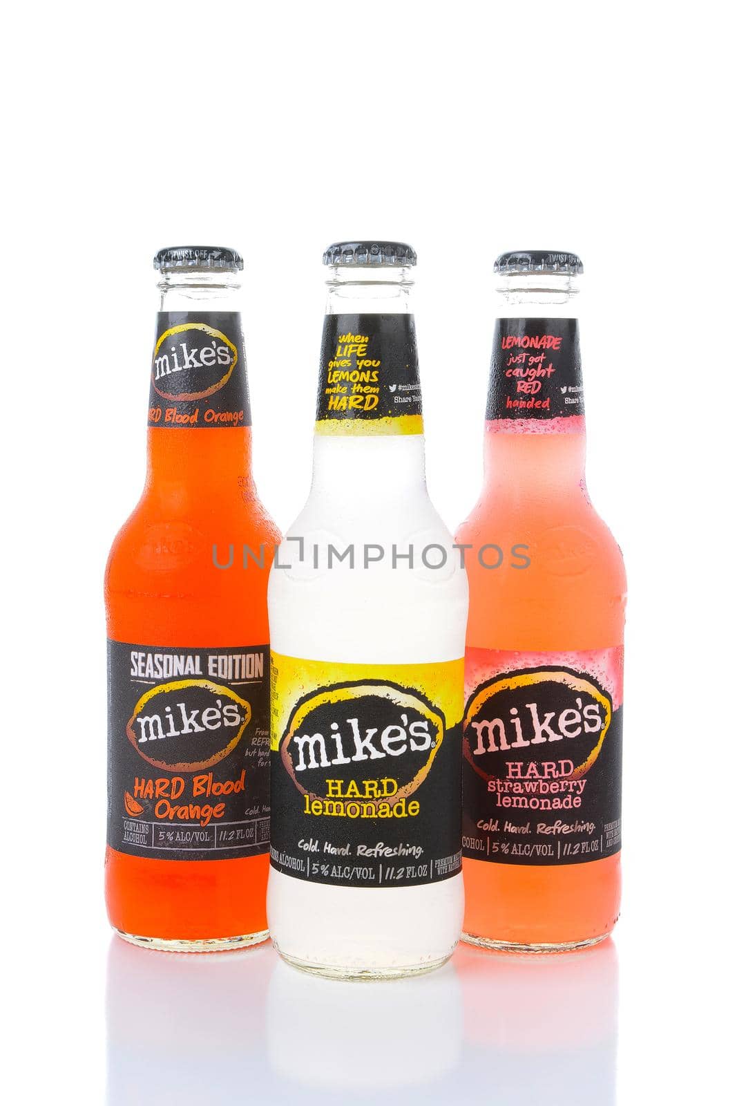 IRVINE, CA - AUGUST 15, 2016: Three bottles of Mikes Hard Lemonade on ice. Mikes produces a line of alcoholic lemonades in various fruit flavors.