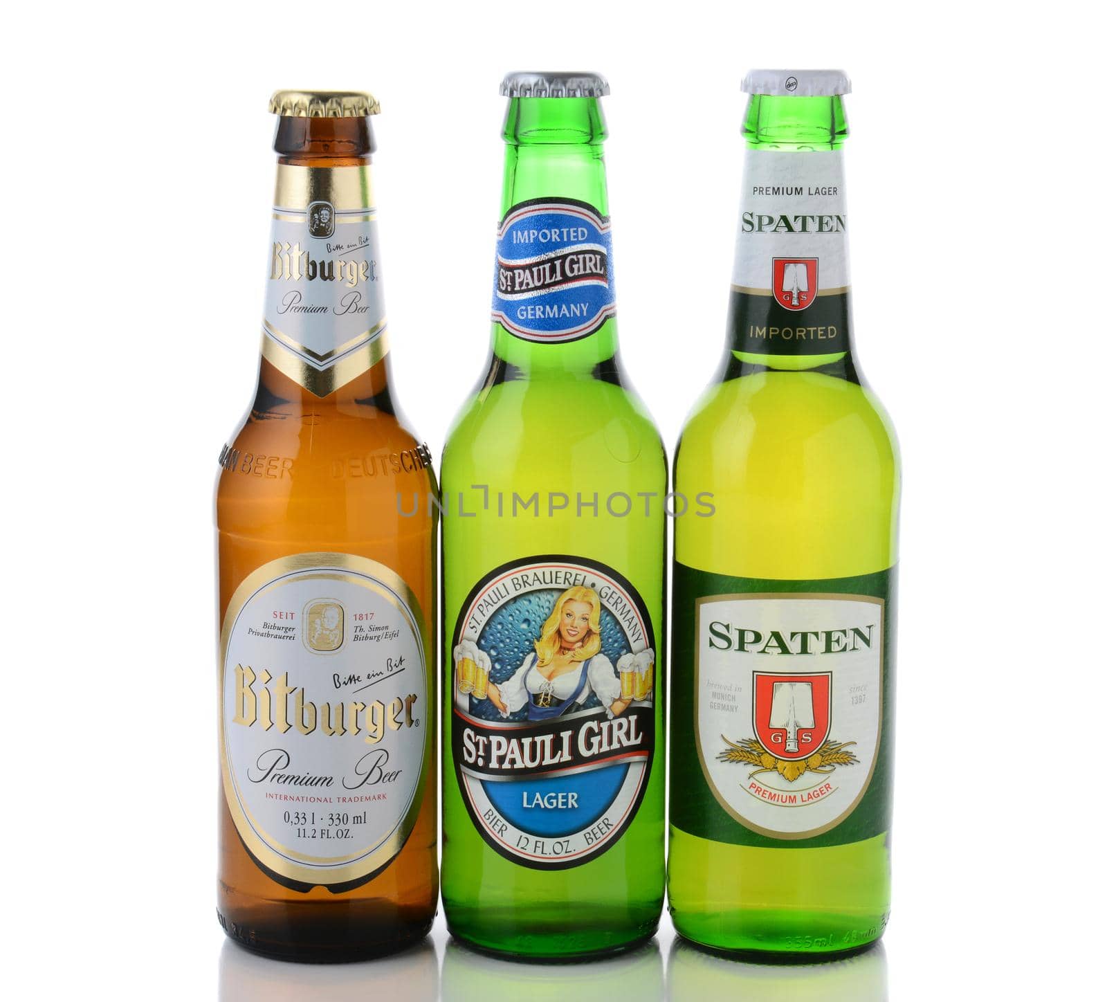 IRVINE, CA - JANUARY, 11, 2015: Three bottles of German beers. St, Pauli Girl, Spaten and Bitburger are three popular German beers imported into the United States.