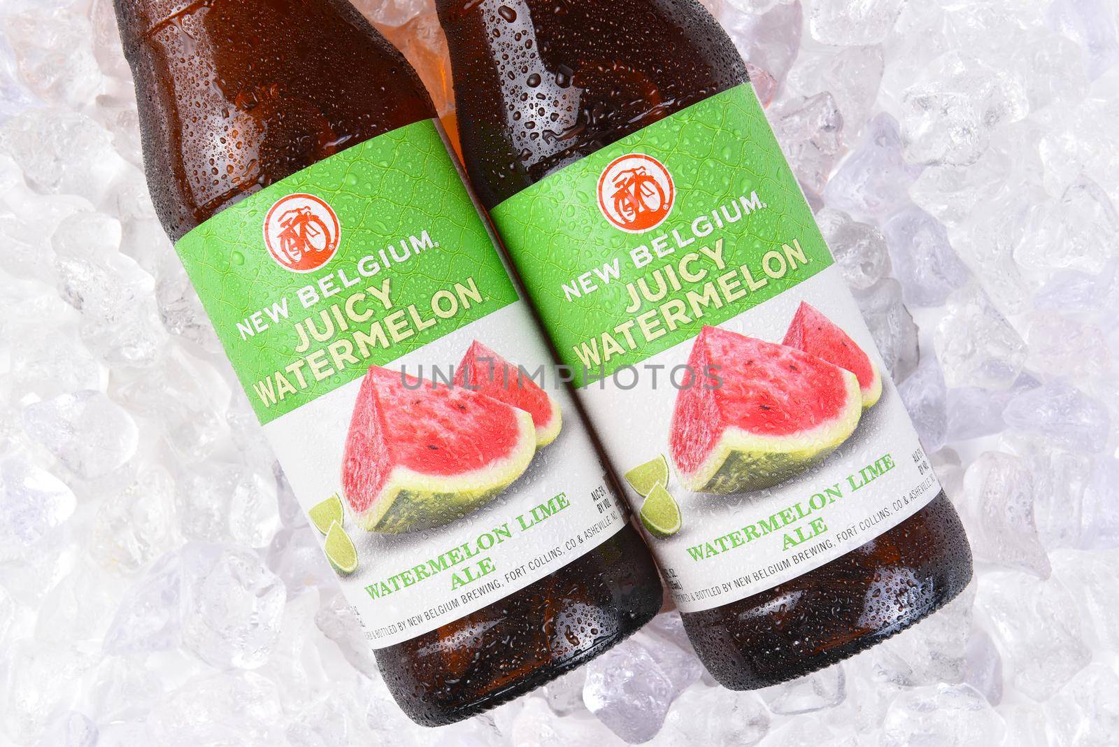 IRVINE, CA - JULY 17, 2017: New Belgium juicy Watermelon Lime Ale bottles on ice. A craft brewery located in Fort Collins, Colorado. It was opened in 1991 by Jeff Lebesch and Kim Jordan.