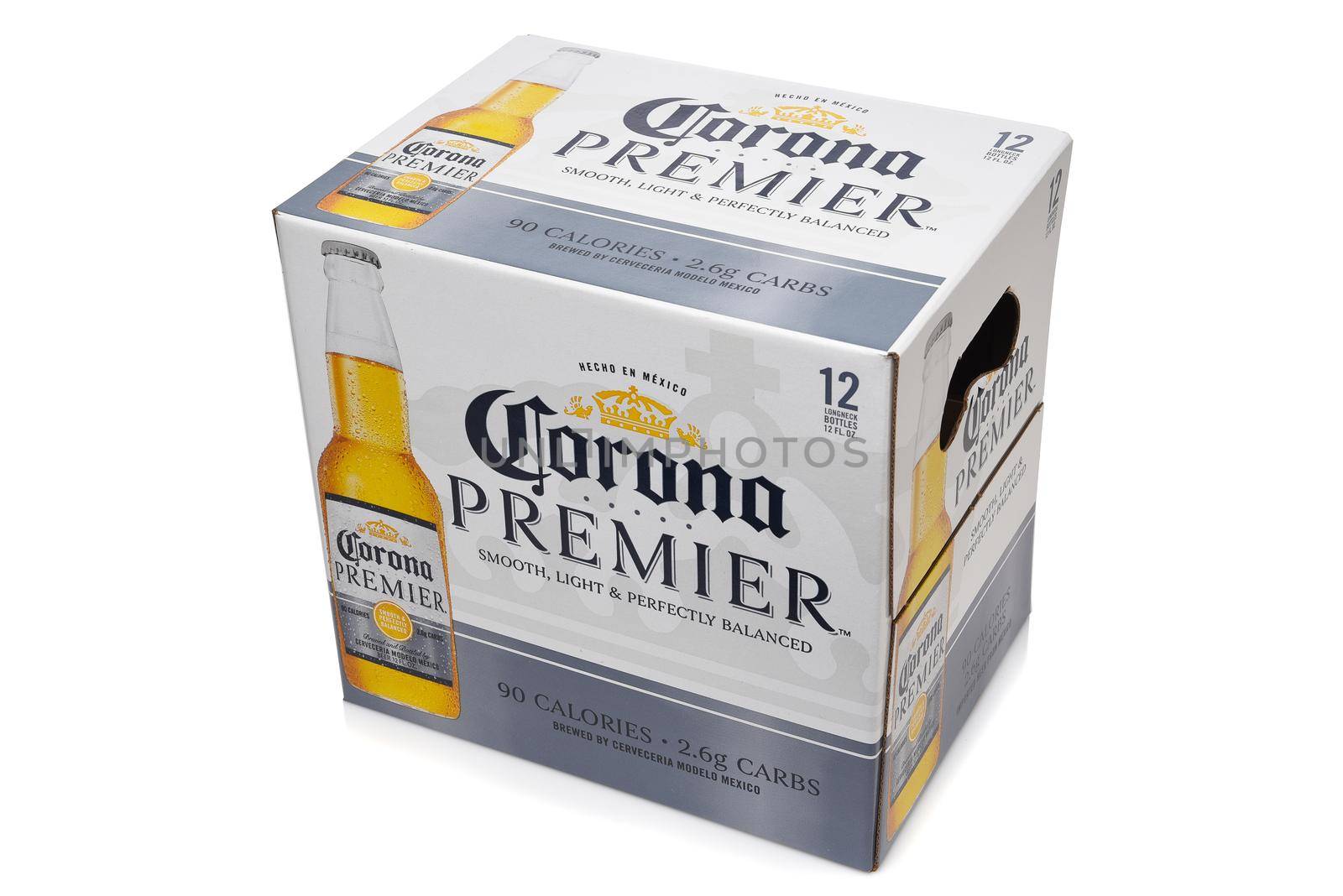 IRVINE, CALIFORNIA - 10 MAR 2020: A 12 pack of Corona Premier bottles, Corona Premier is premium light beer with 2.6 grams of carbs and 90 calories. 