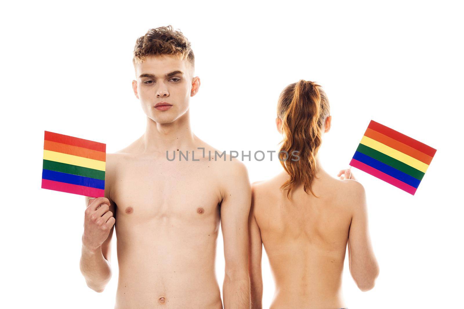 young couple lgbt Flag transgender community light background by Vichizh