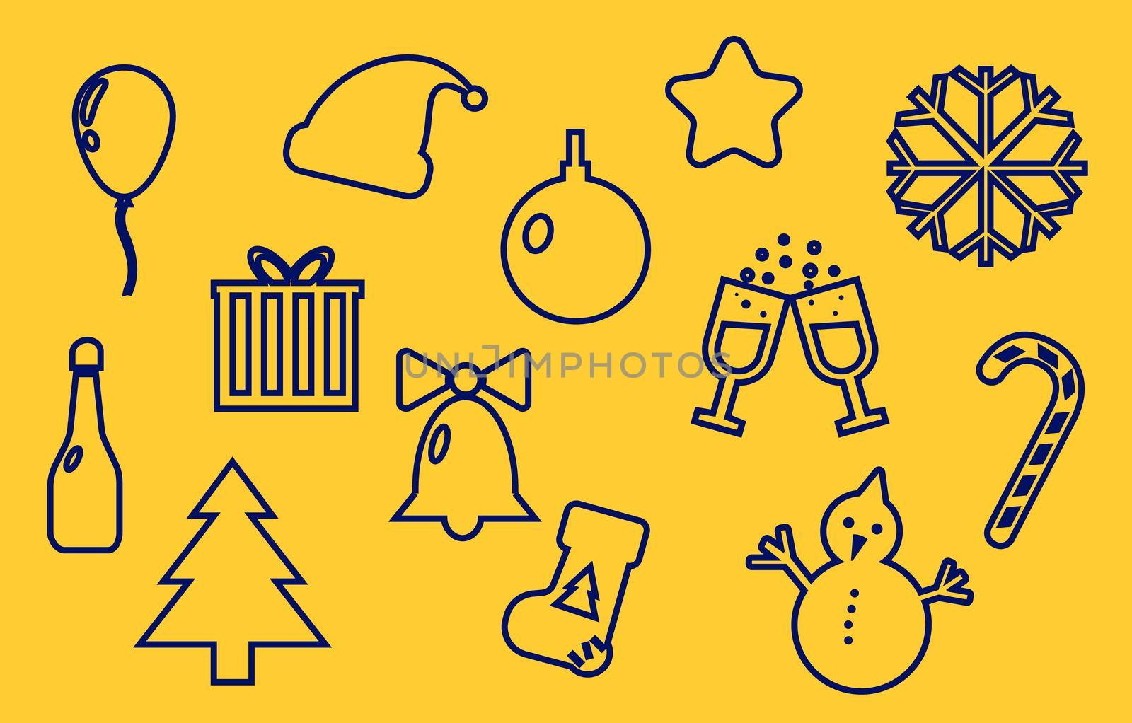 Merry Christmas and New Year line icons set, outline symbol collection, linear pictogram pack isolated on yellow, logo illustration