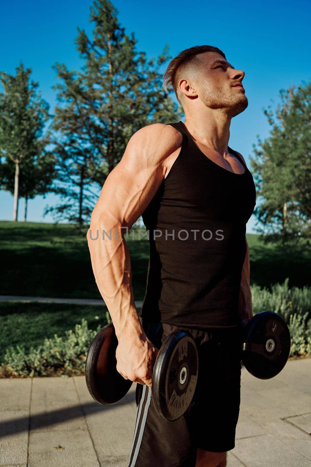 sporty man exercise fitness workout outdoors with dumbbells by Vichizh