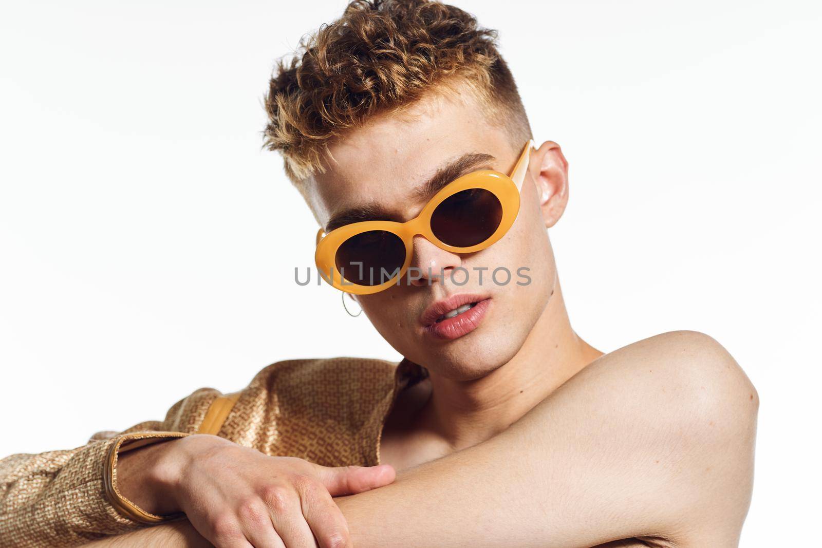 male transgender female makeup fashion posing studio. High quality photo