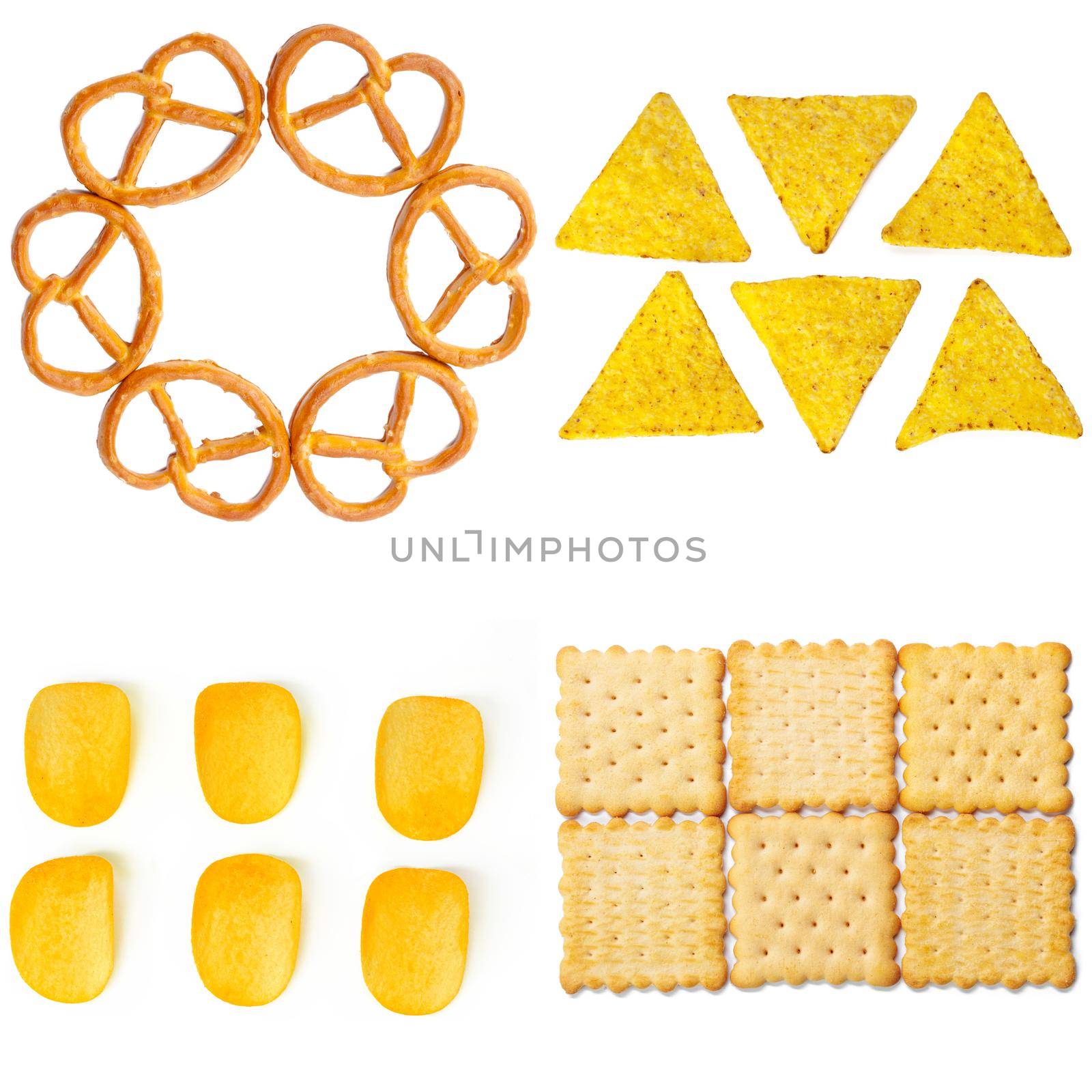 Salty snacks. Pretzels, chips, crackers collage by Fabrikasimf