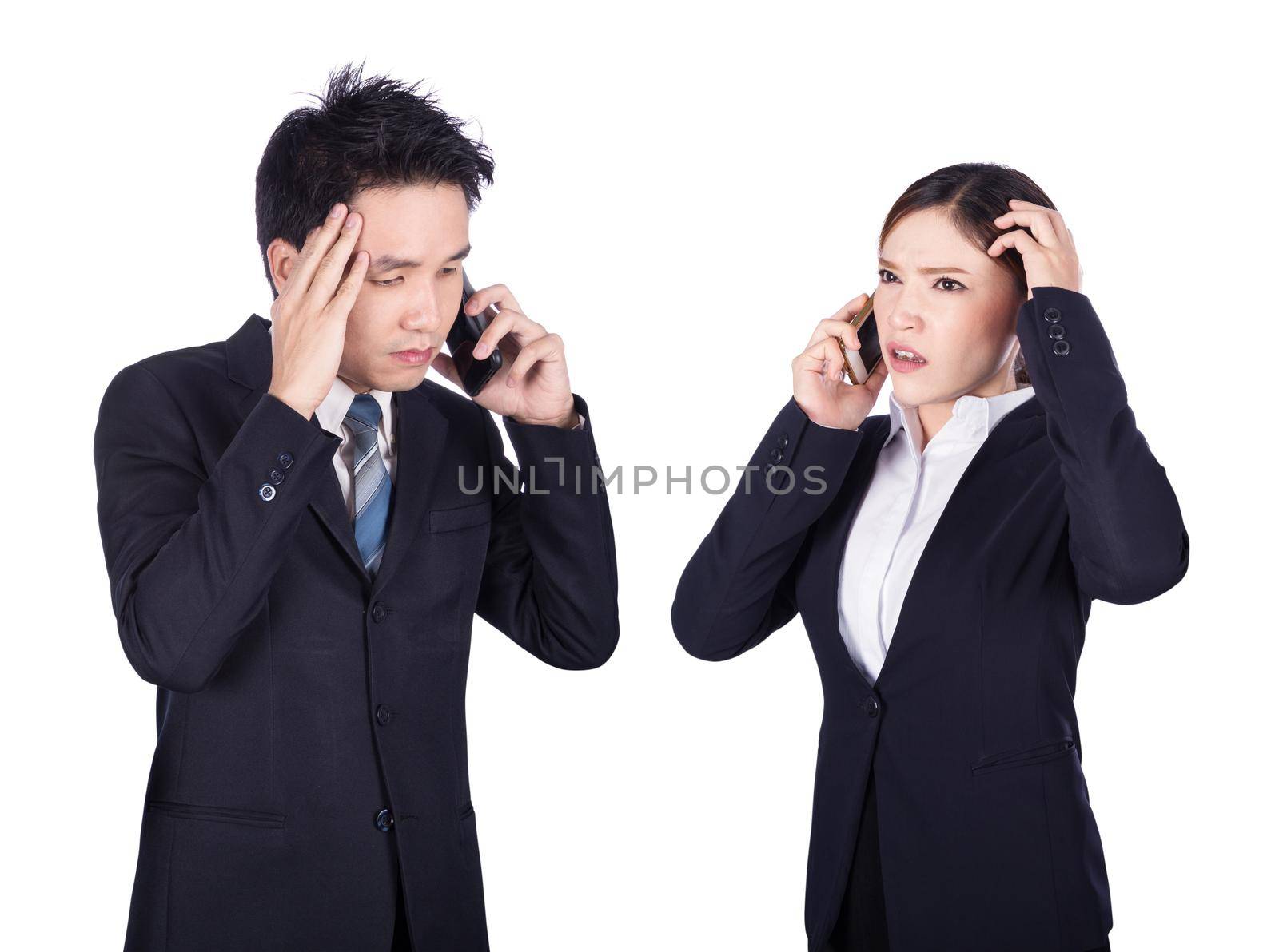 worried businessman and businesswoman talking on smartphone isolated on white background