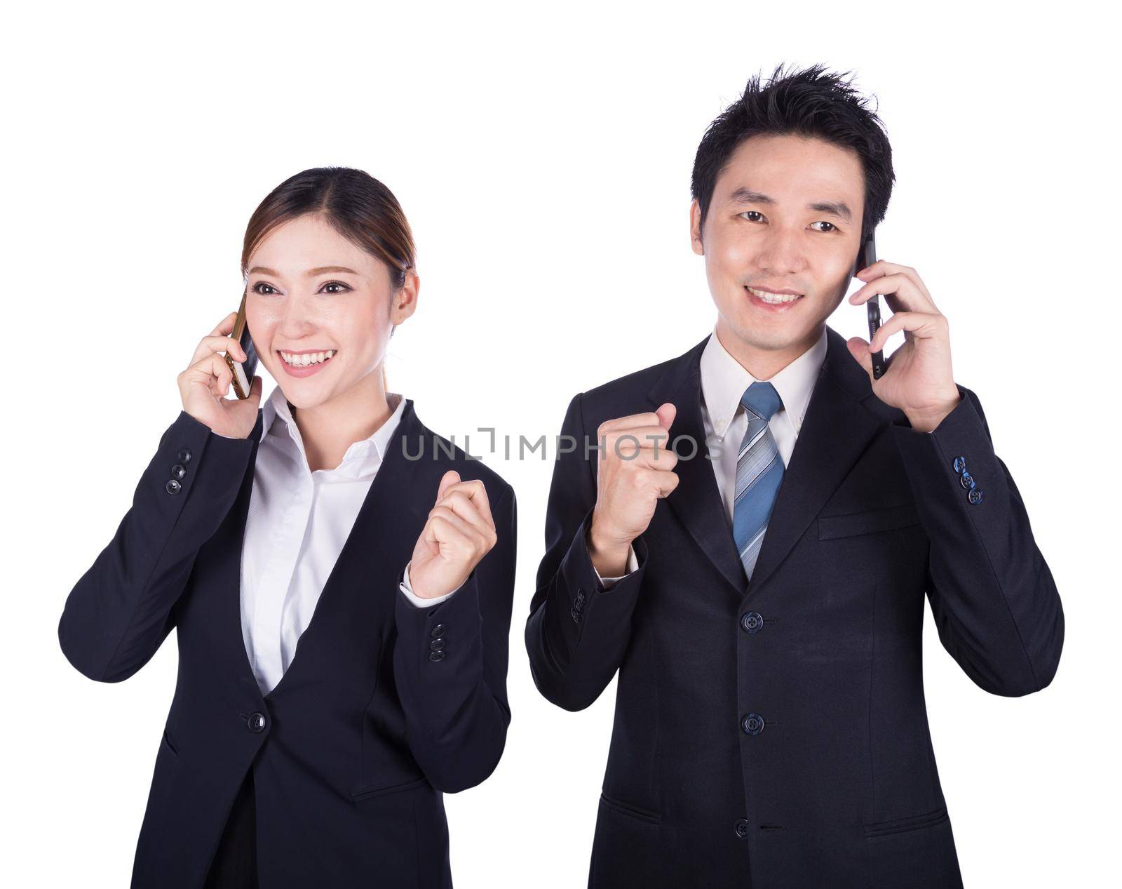 happy business man and woman talking on smartphone isolated on white background