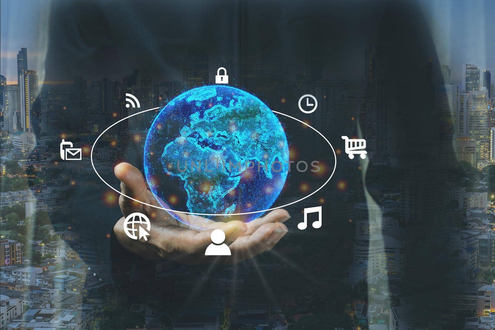 Businessmen hold the world with digital information The concept of connecting the world with a digital network. Everything in the world at hand, including marketing, entertainment, information, banking. 