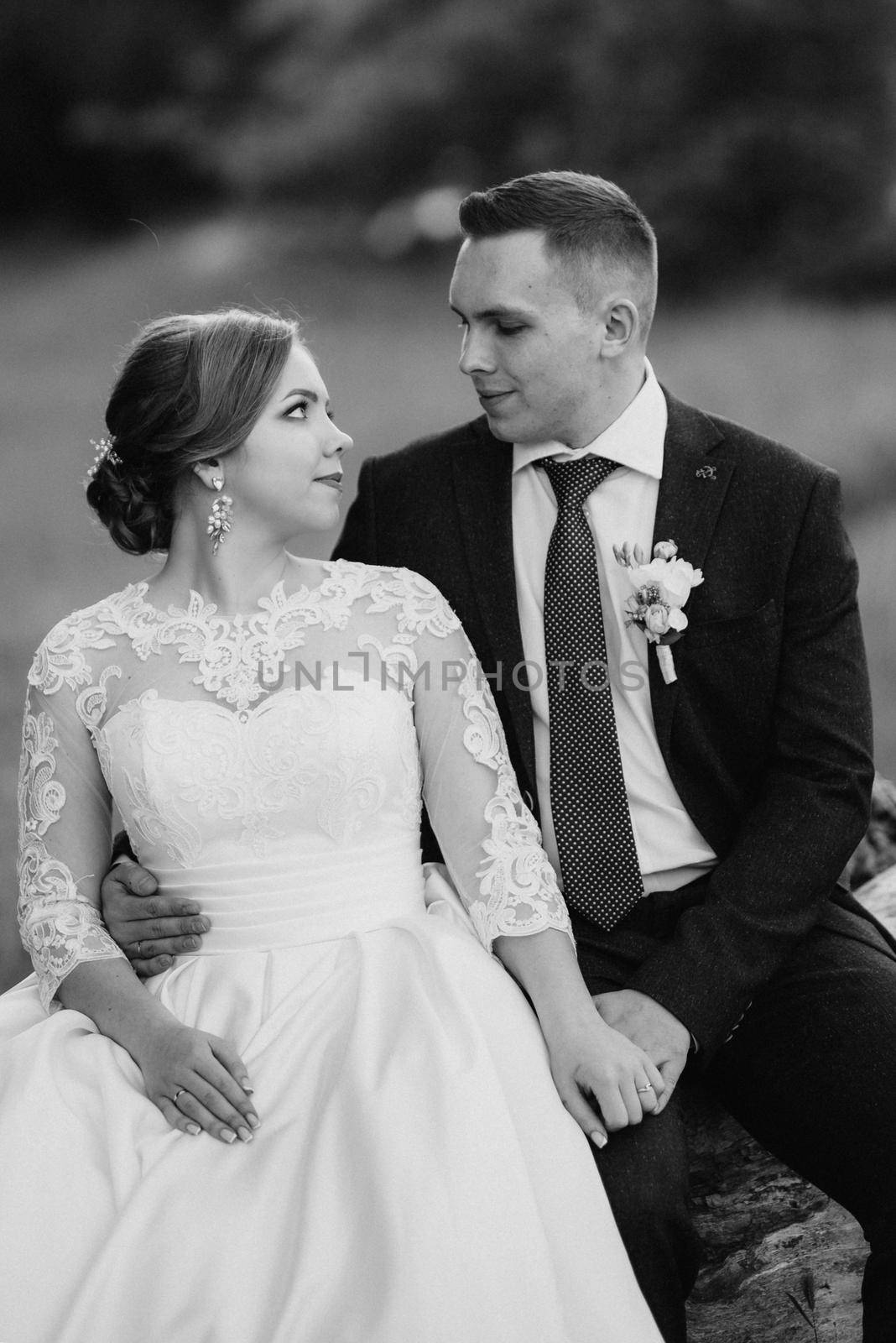 the groom and the bride are walking in the forest near a narrow river on a bright day