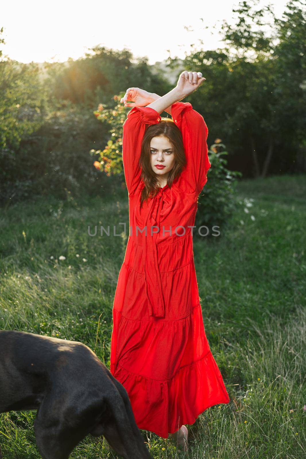 attractive woman in red dress outdoors in freedom field. High quality photo