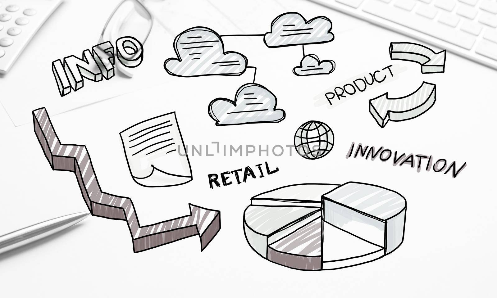 Business workplace with keyboard and marketing sketches