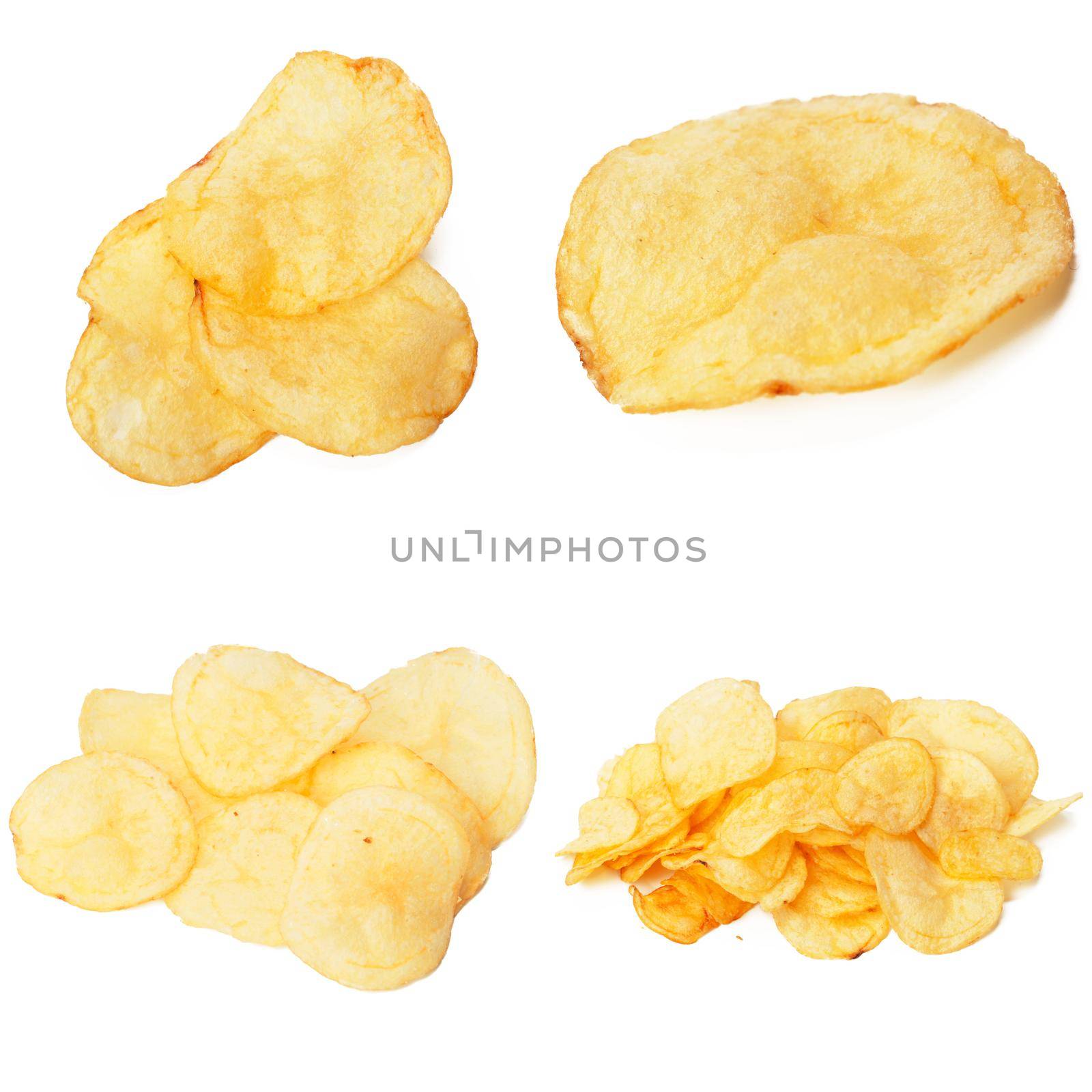 Set of potato chips close-up on an isolated white background by Fabrikasimf