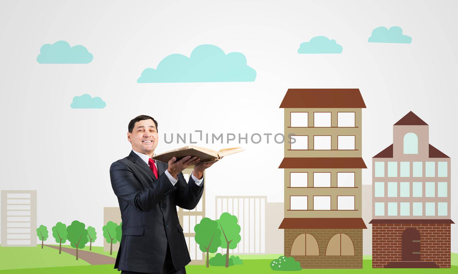 Senior businessman holding open book. Portrait of smiling adult man in business suit and tie standing on background of city illustration. Education and knowledges. Cityscape with office buildings.