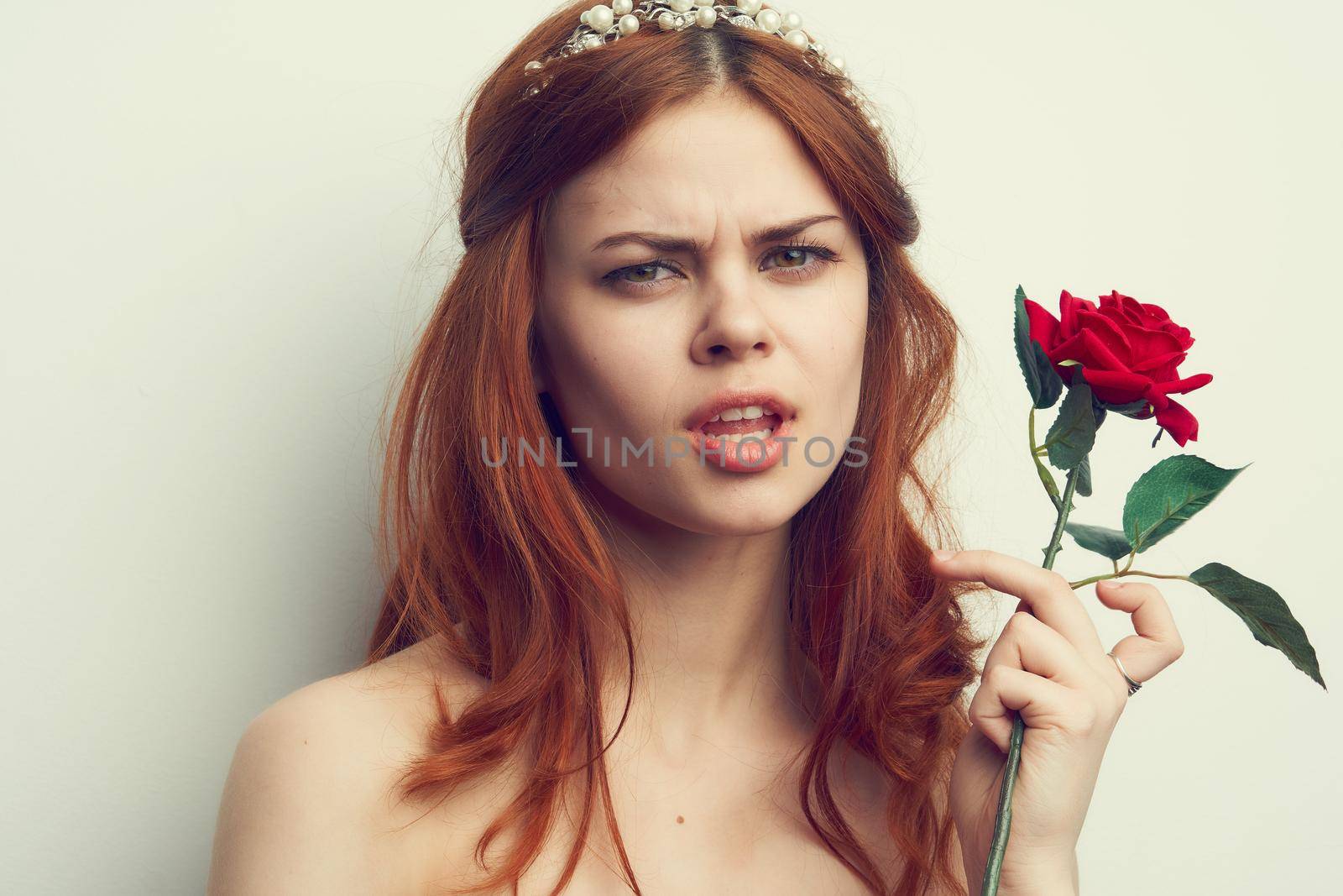 attractive woman with rose flower makeup romance model. High quality photo