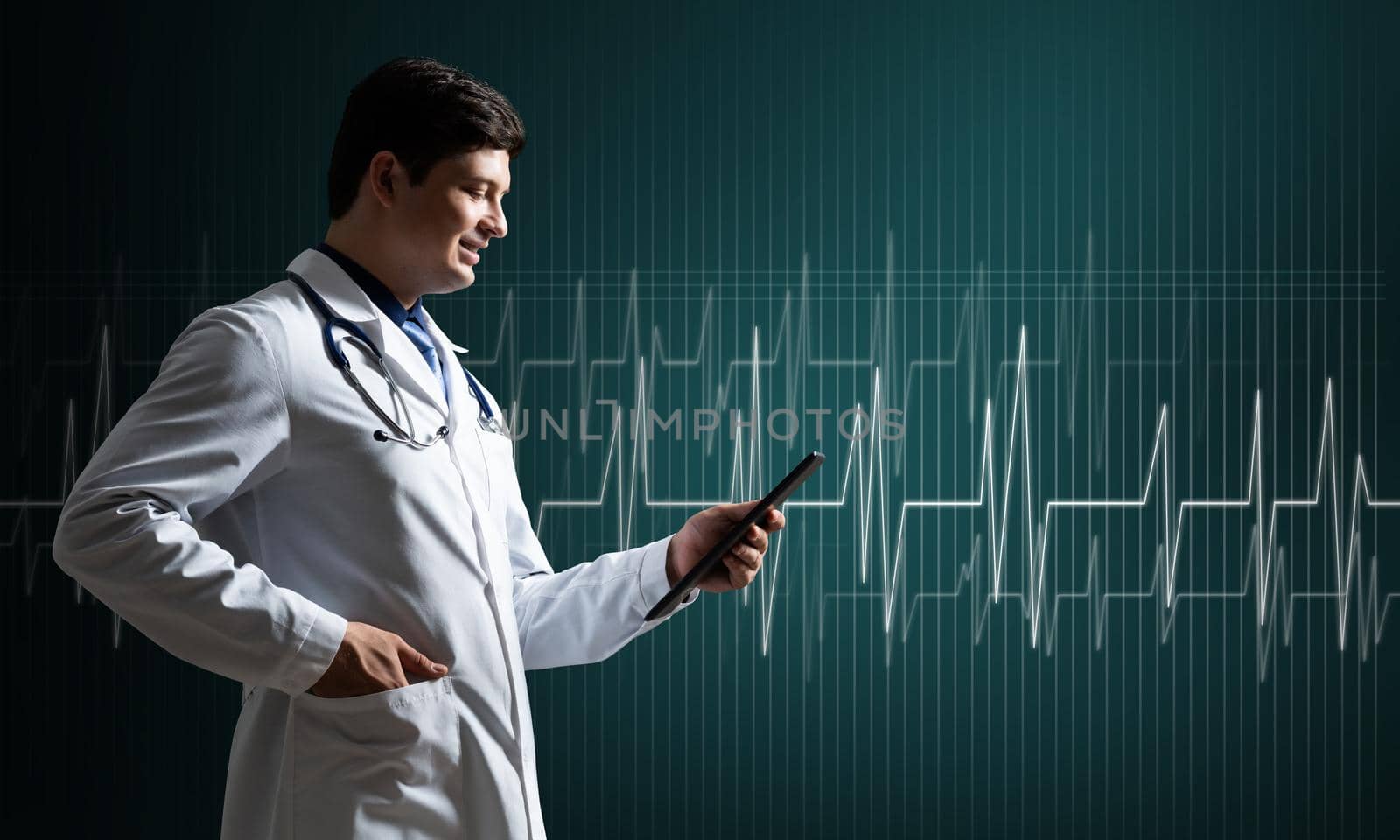 Doctor with tablet works with digital technologies