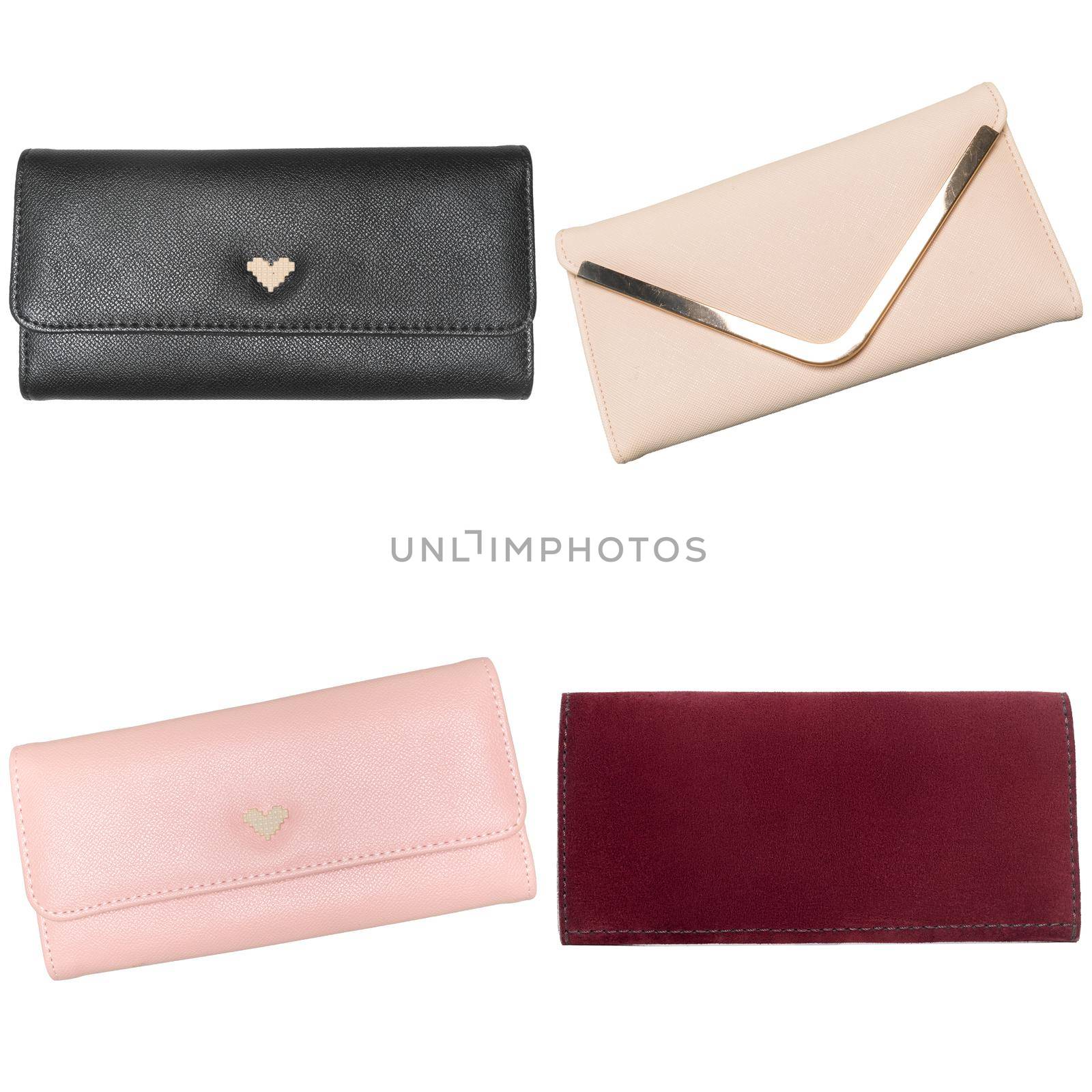 set of colorful women's purses, collage of wallets isolated on white background by Fabrikasimf