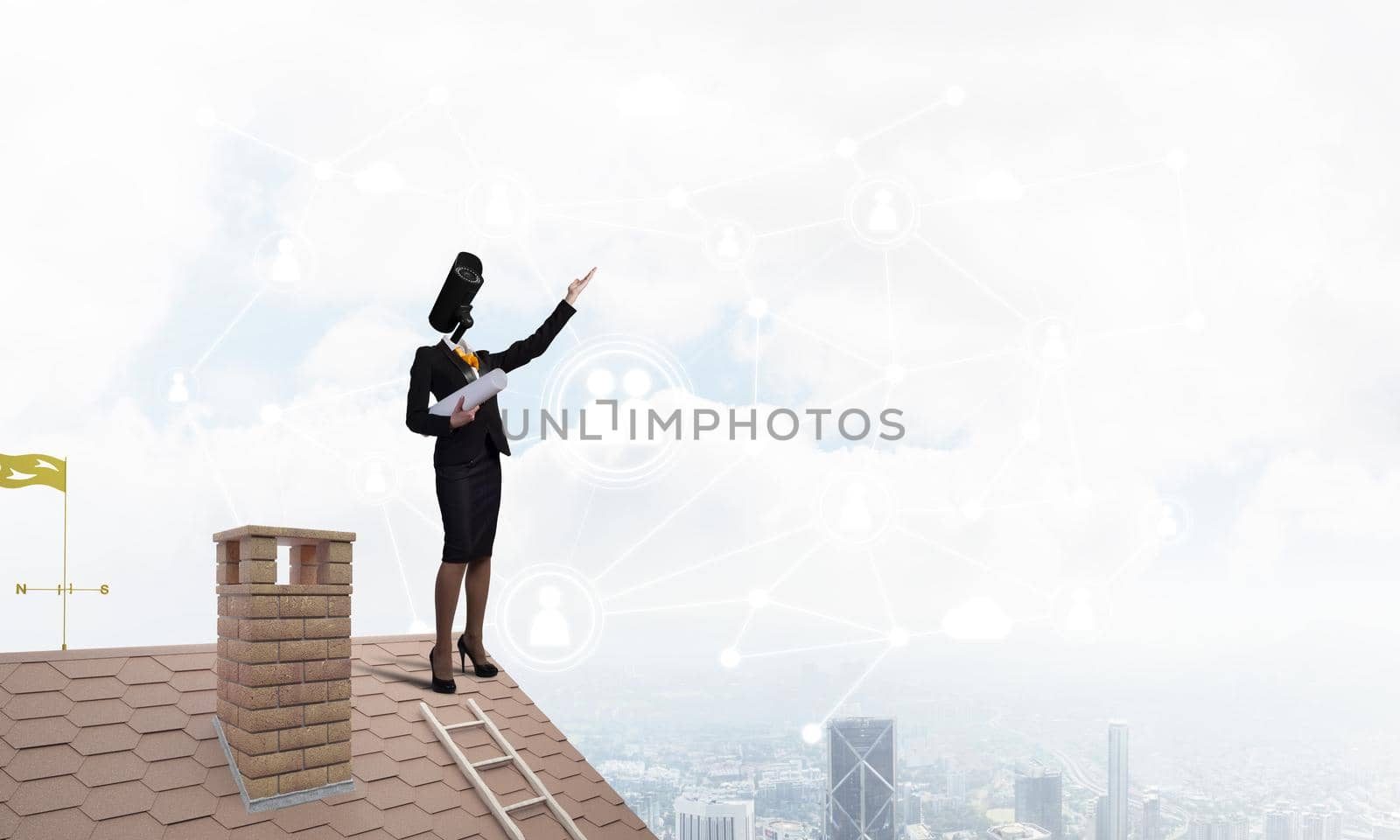 Faceless businesswoman with camera zoom instead of head standing on house roof