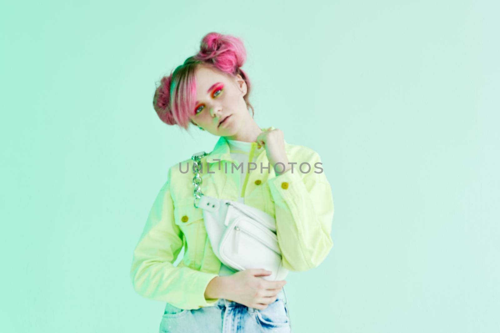 hipster woman pink hair posing fashion clothes isolated background. High quality photo