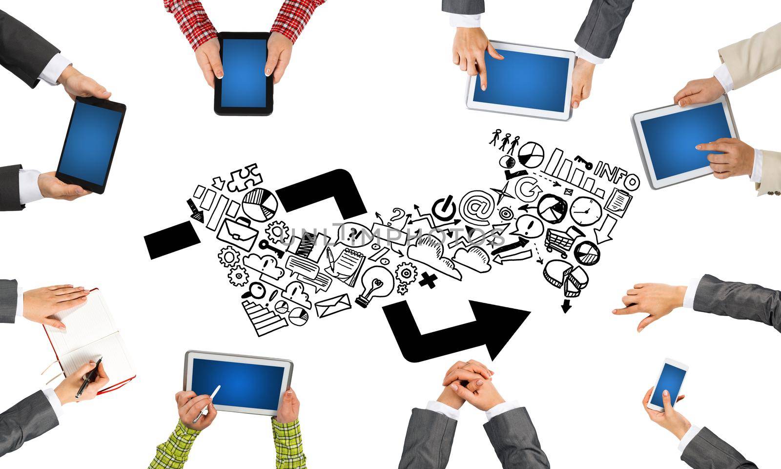 Group of people with devices in hands working together as symbol of networking and communication