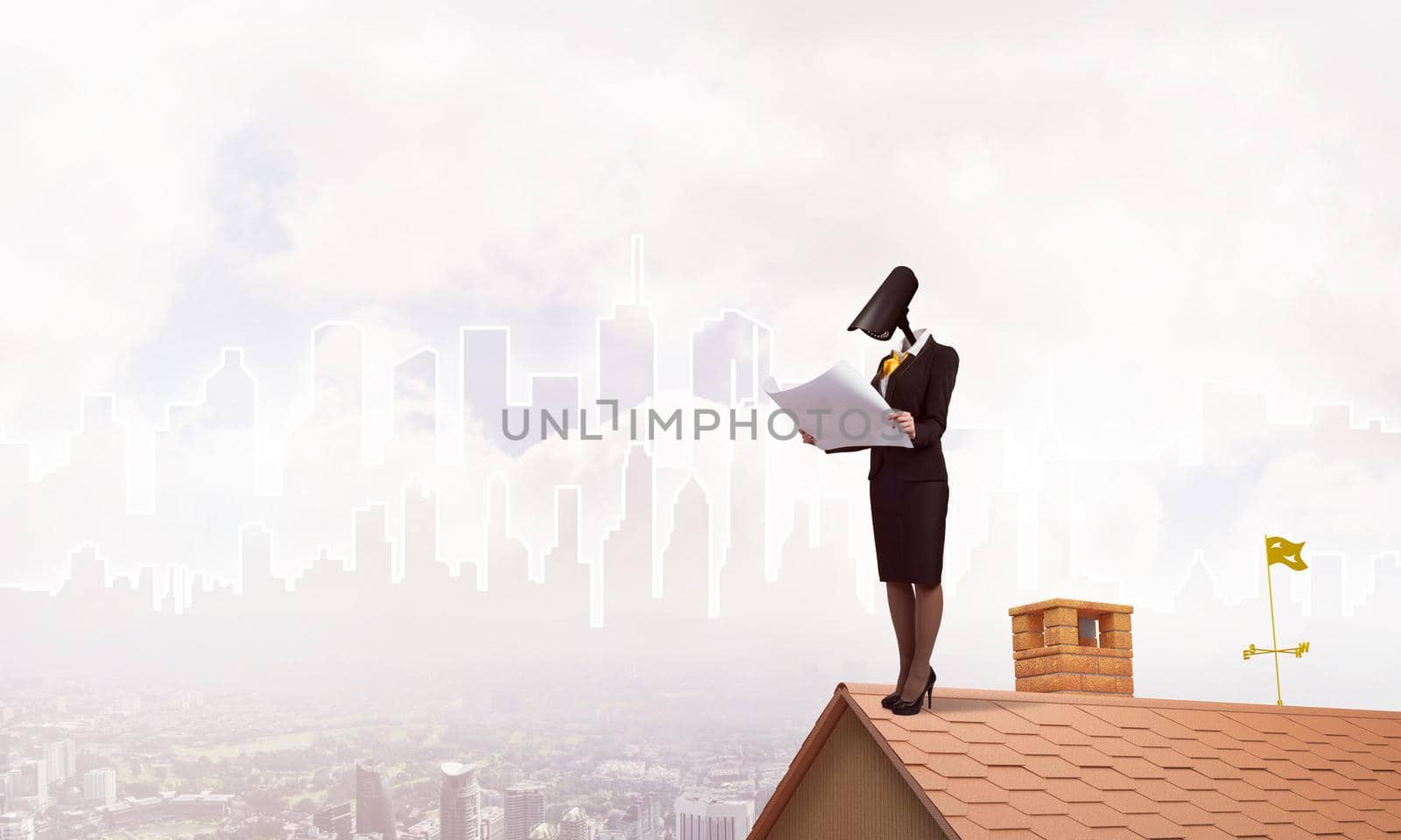 Faceless businesswoman with camera zoom instead of head standing on house roof