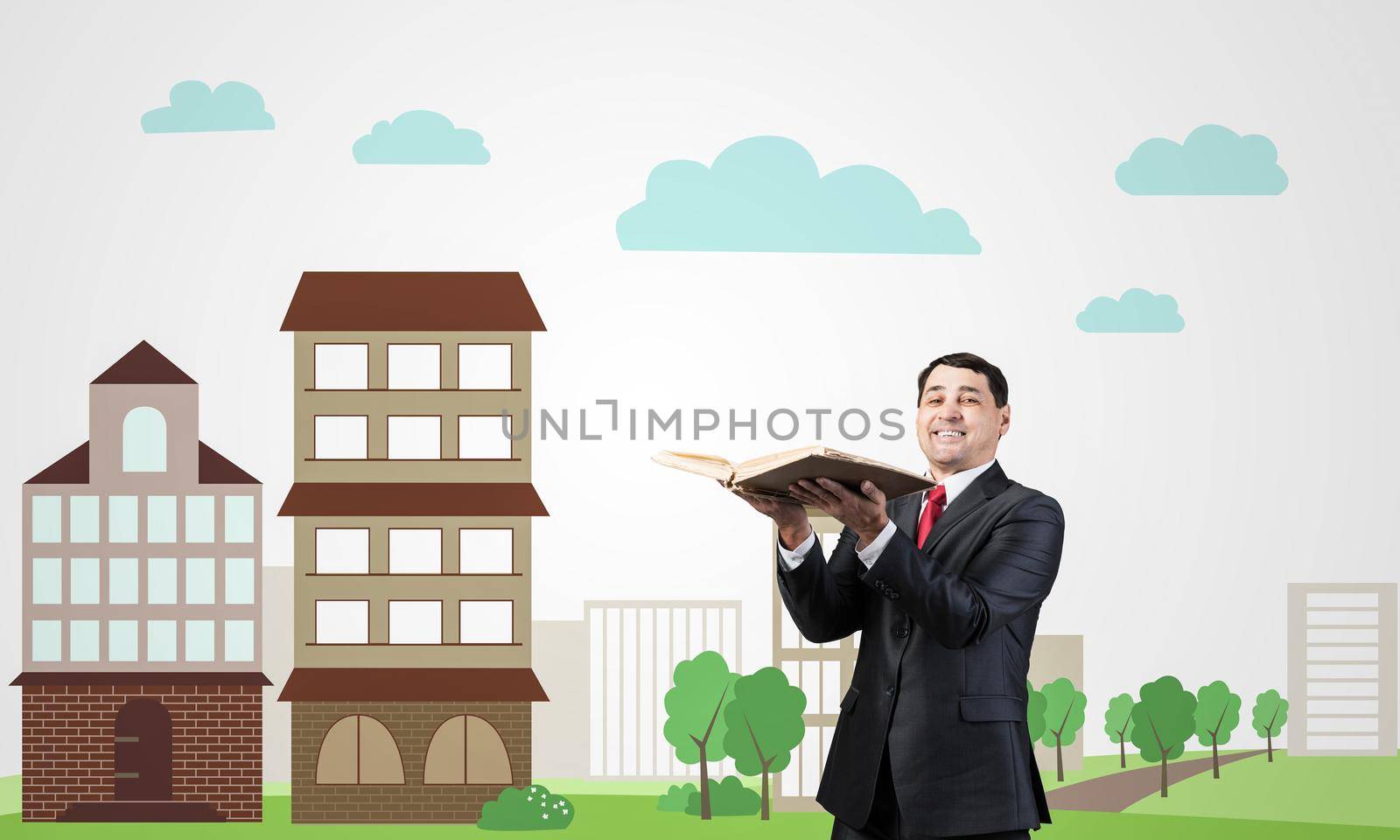 Senior businessman holding open book. Portrait of smiling adult man in business suit and tie standing on background of city illustration. Education and knowledges. Cityscape with office buildings.