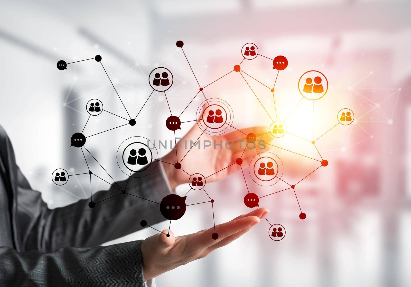 Closeup of business woman in suit keeping black social media network structure in hands. Office view and sunlight on background. Mixed media.