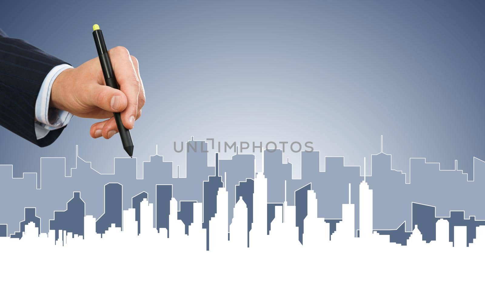 Hand of man designer drawing with stylus construction project