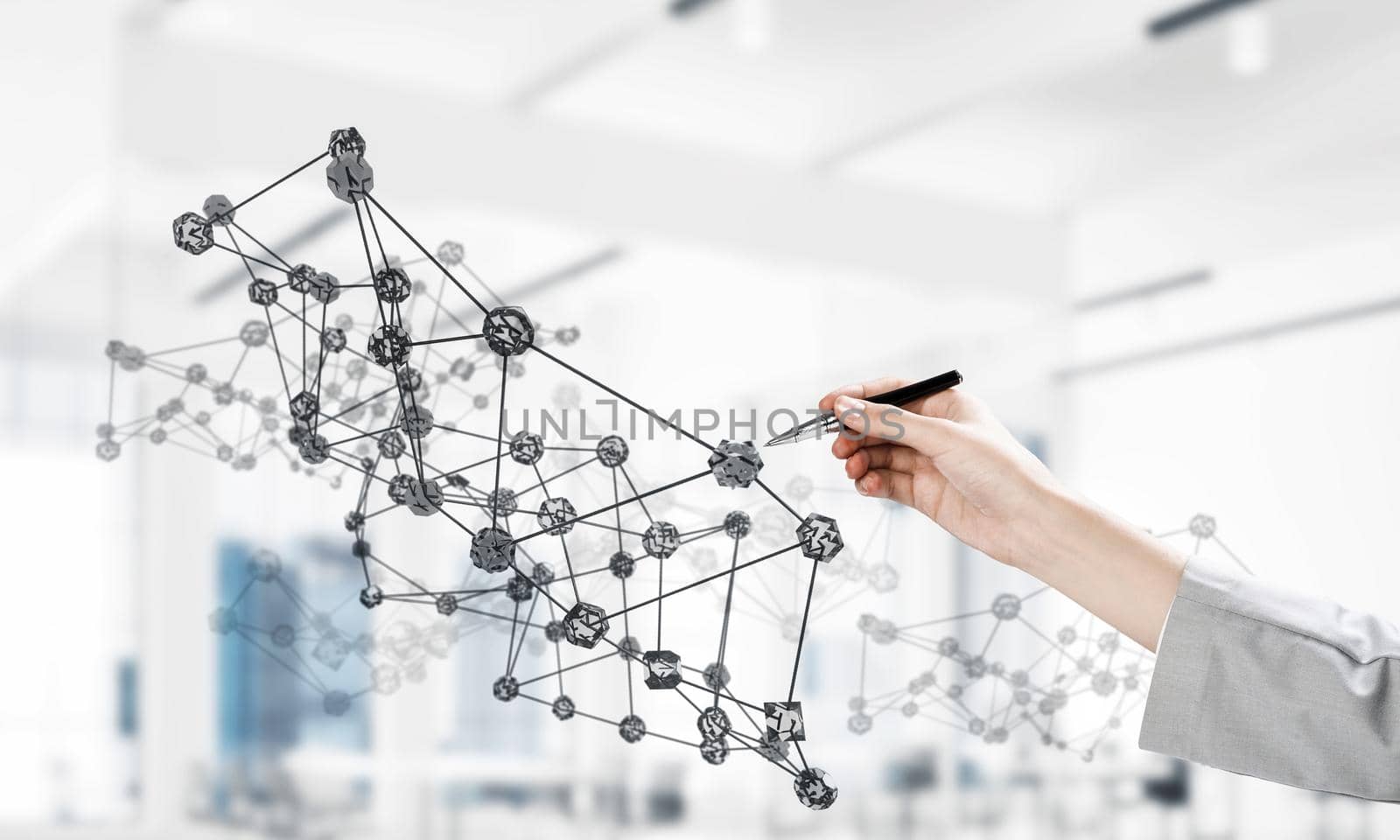 Close of businesswoman hand holding pen and drawing glass connection concept. 3d rendering