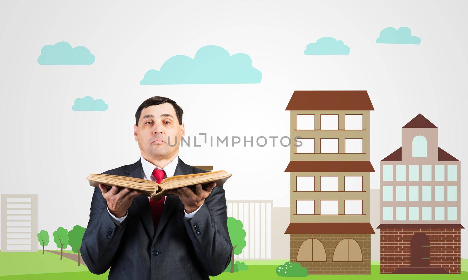 Serious businessman holding open book. Adult man in business suit standing on city illustration background. Lawyer reading big legal regulation book. Professional business accounting and consulting