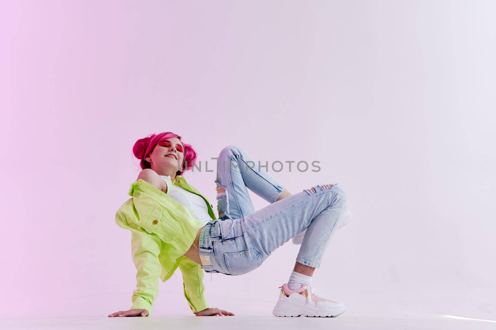 cheerful woman in youth clothing collage neon background. High quality photo