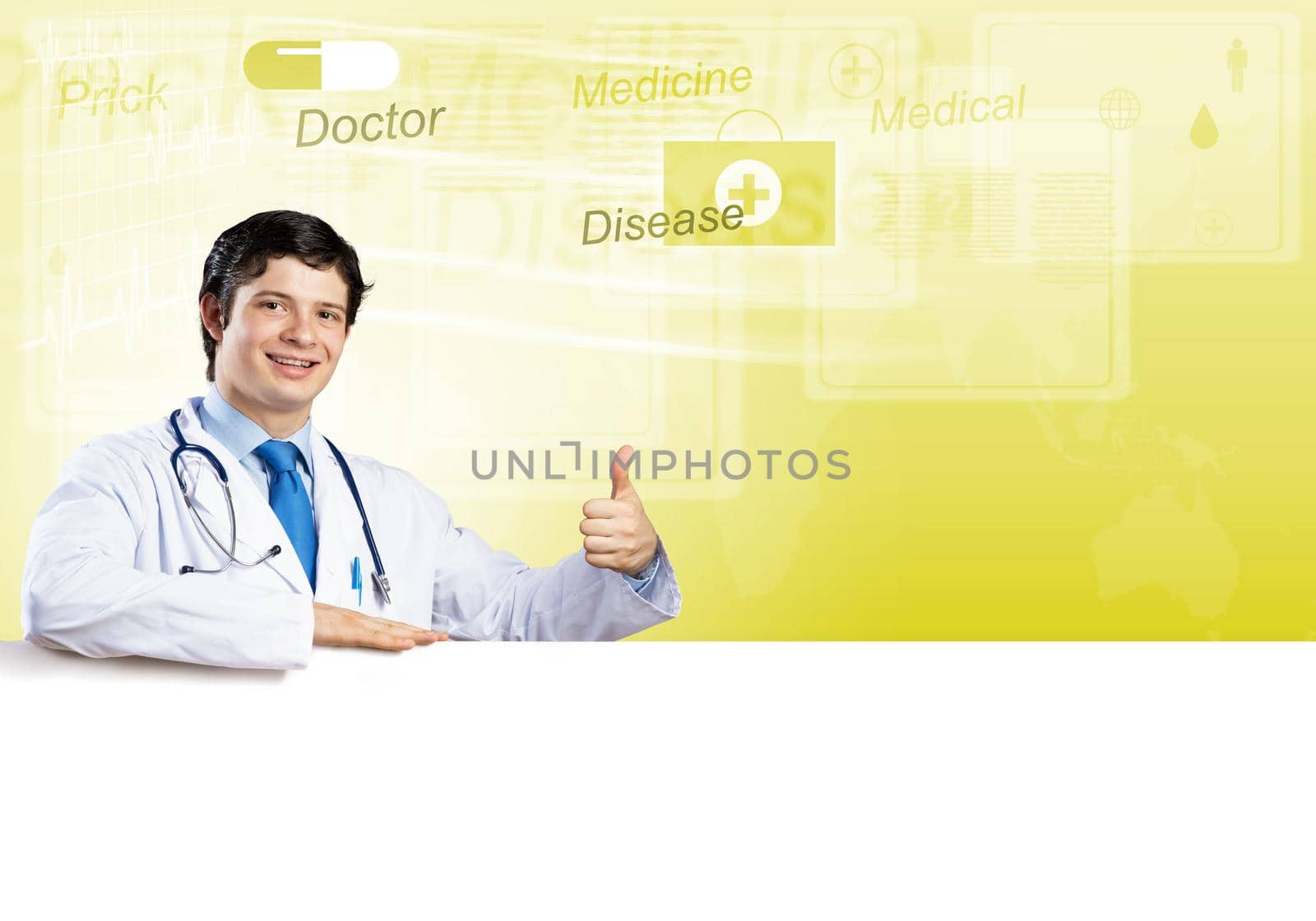 Young handsome doctor holding white blank banner. Place your text