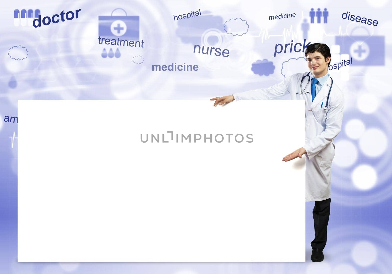 Young handsome doctor with white blank banner. Place your text