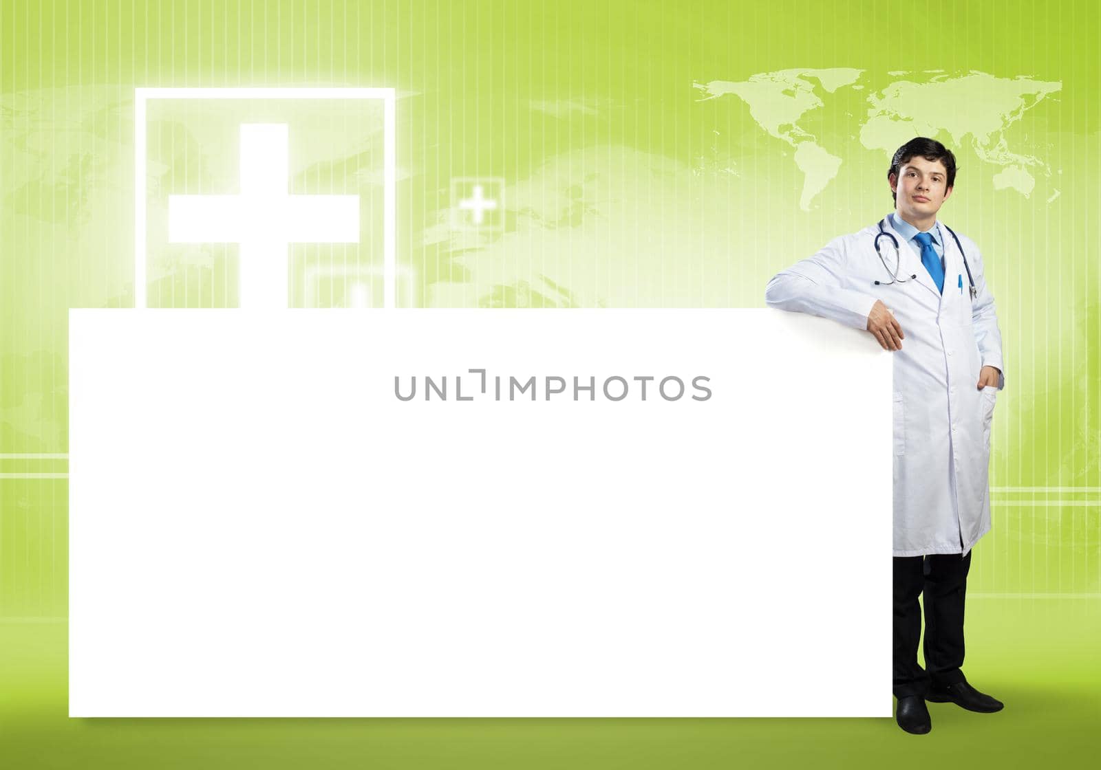 Young handsome doctor with white blank banner. Place your text