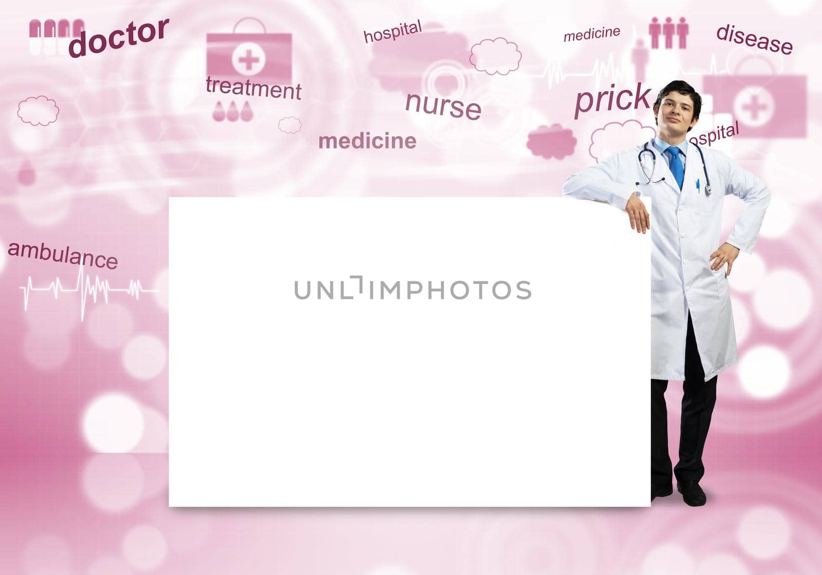 Young handsome doctor with white blank banner. Place your text