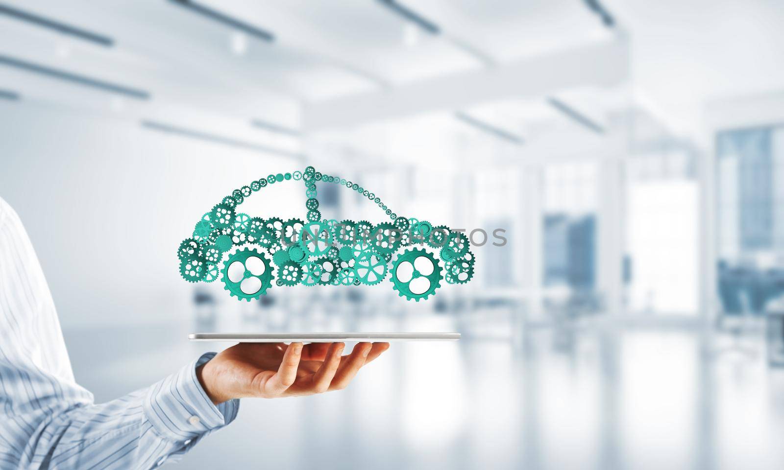Car icon made of gears and cogwheels on white office background. Mixed media