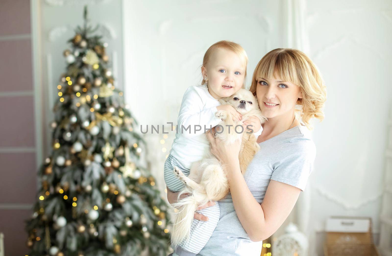 Family in Christmas holiday closeup on Christmas tree background.