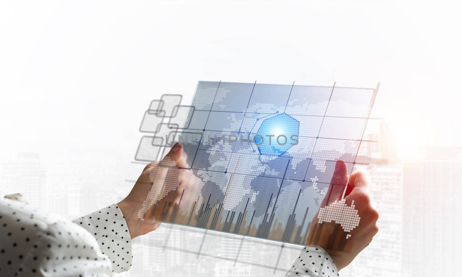 Businesswoman hands using virtual interface. Digital marketing media or financial diagrams in virtual screen. Modern smart technology and innovation in business and economic. Online data analysis.