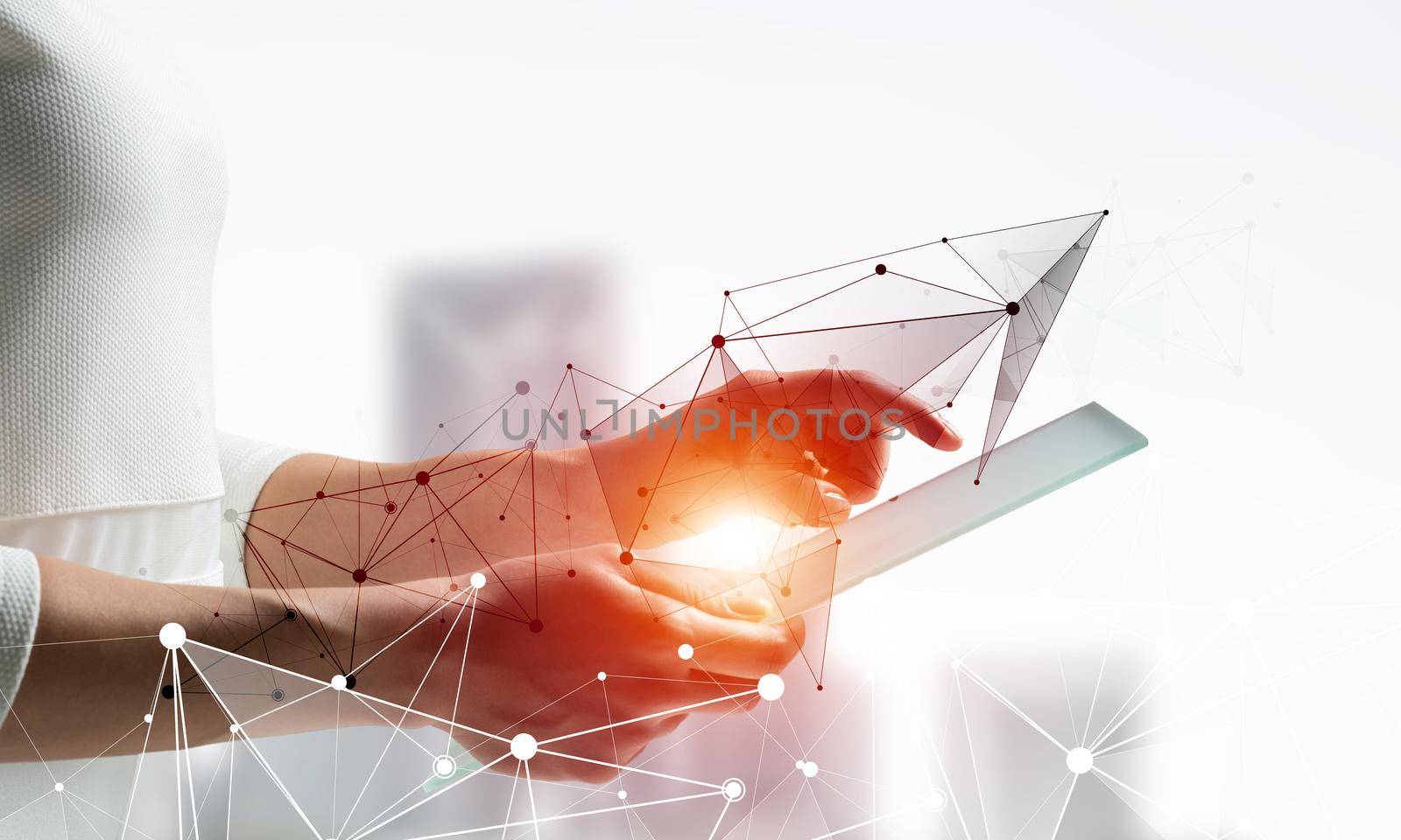 Businesswoman works with futuristic interface. Virtual geometric graphics with plexus effect and digital hologram. Double exposure concept of internet network communication. Cybernetic workspace