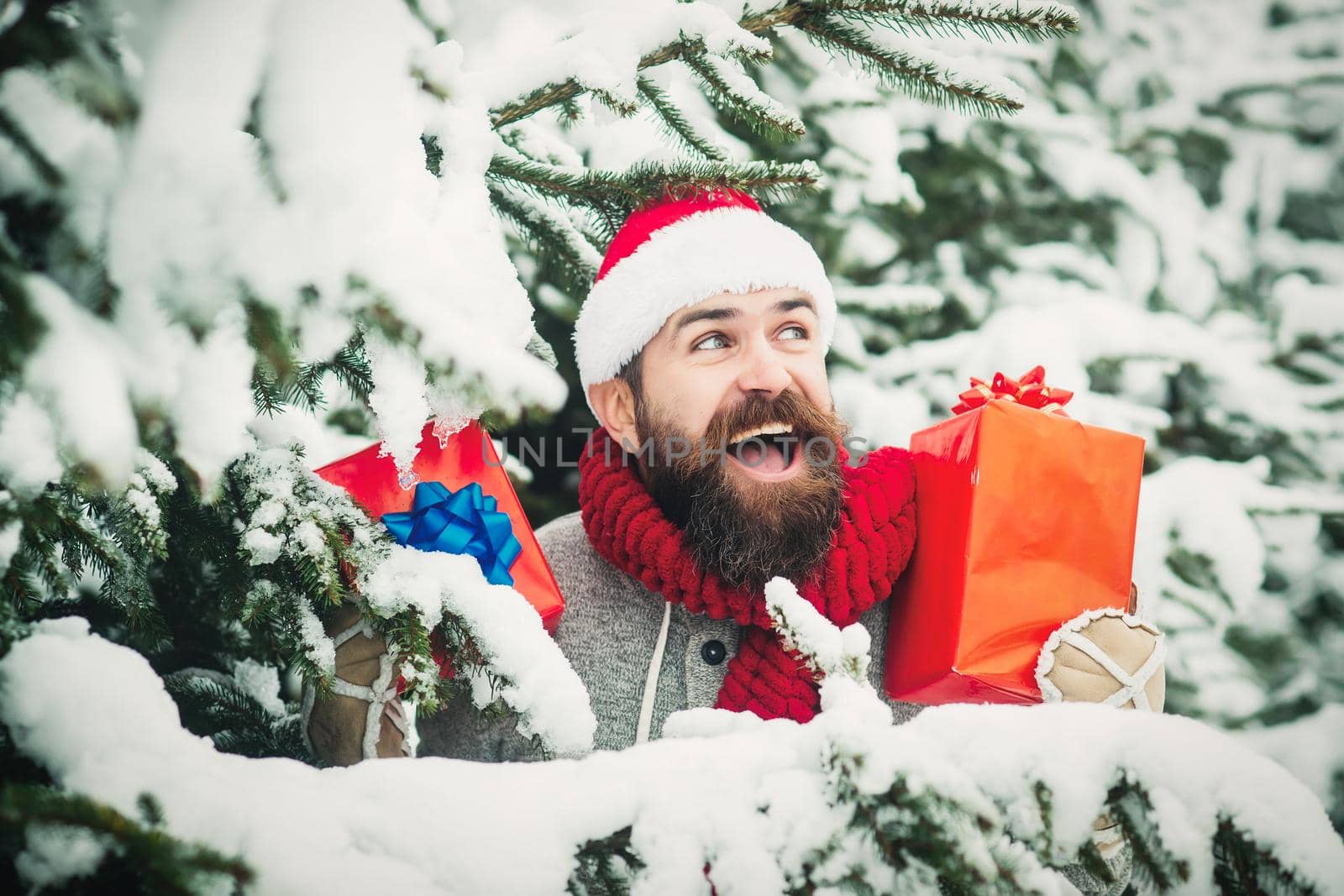 Excited man hold present box outdoor. Bearded man in santa hat at winter snowy forest.