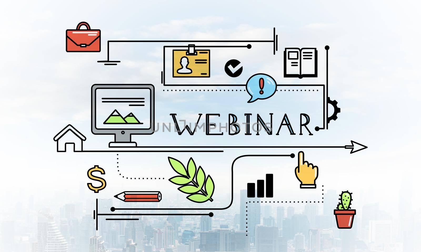Internet webinar linear sketch on background of modern cityscape. E-learning and business training concept. Mind map webcast of educational content. Commercial marketing and business presentation.