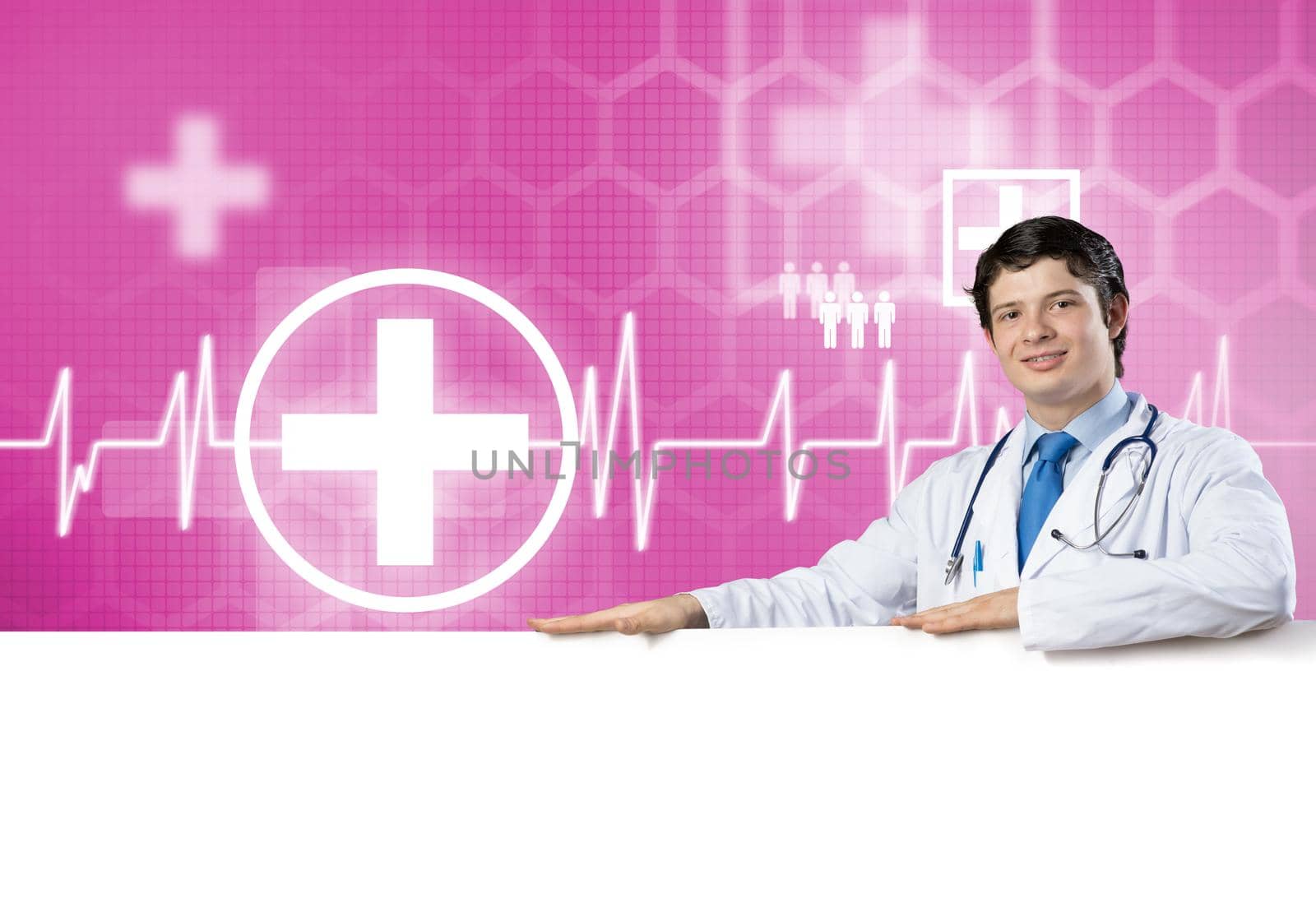 Young handsome doctor holding white blank banner. Place your text