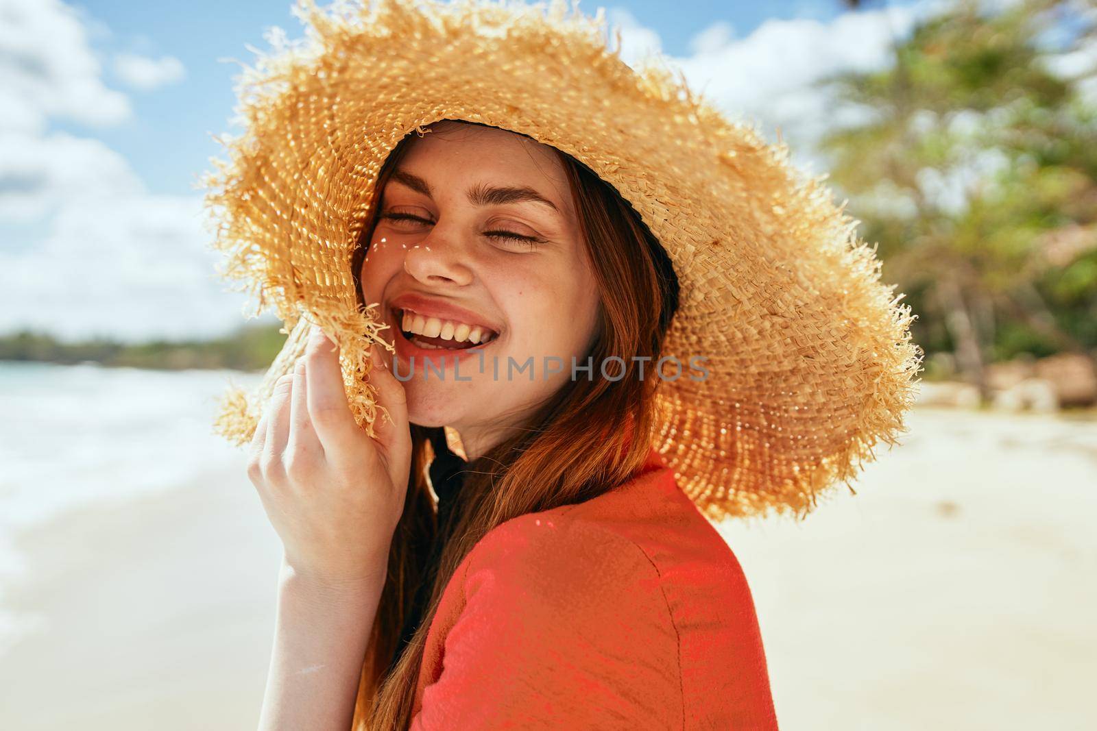 woman by the ocean beach start island landscape paradise. High quality photo