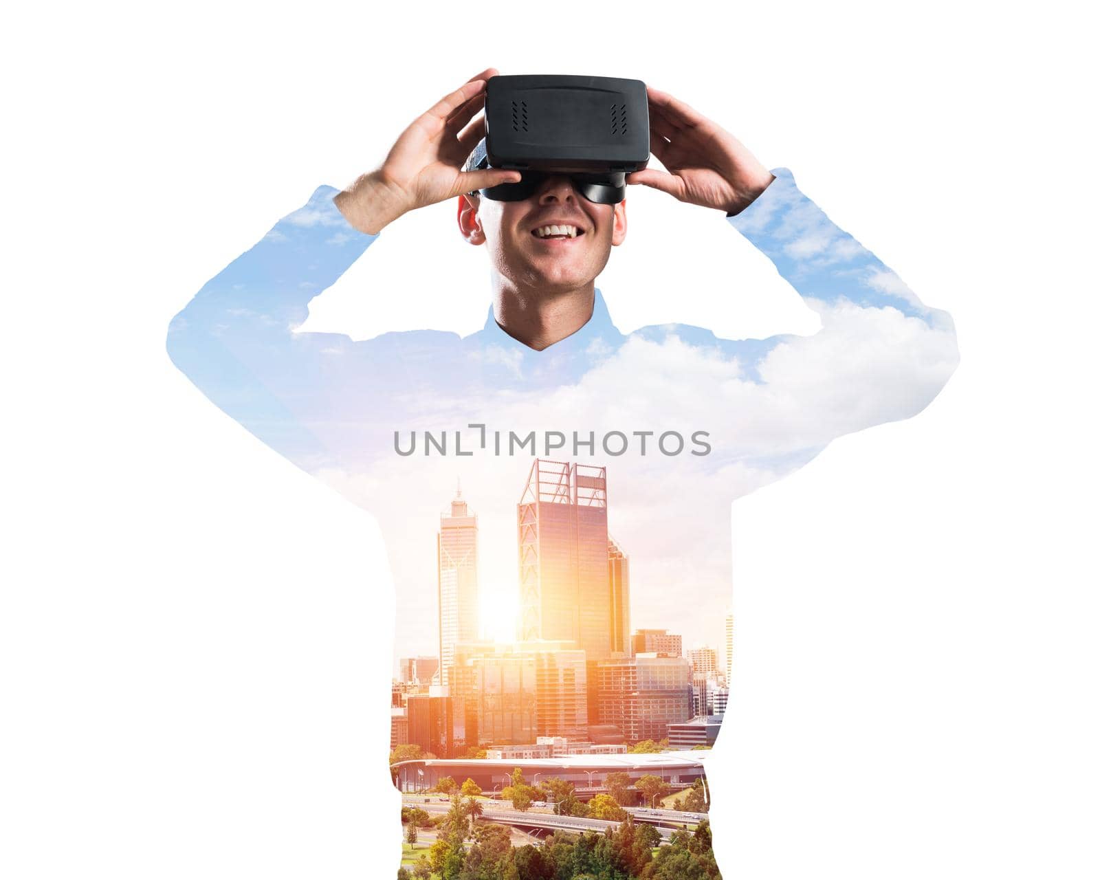 Young man with virtual reality headset or 3d glasses over cityscape background